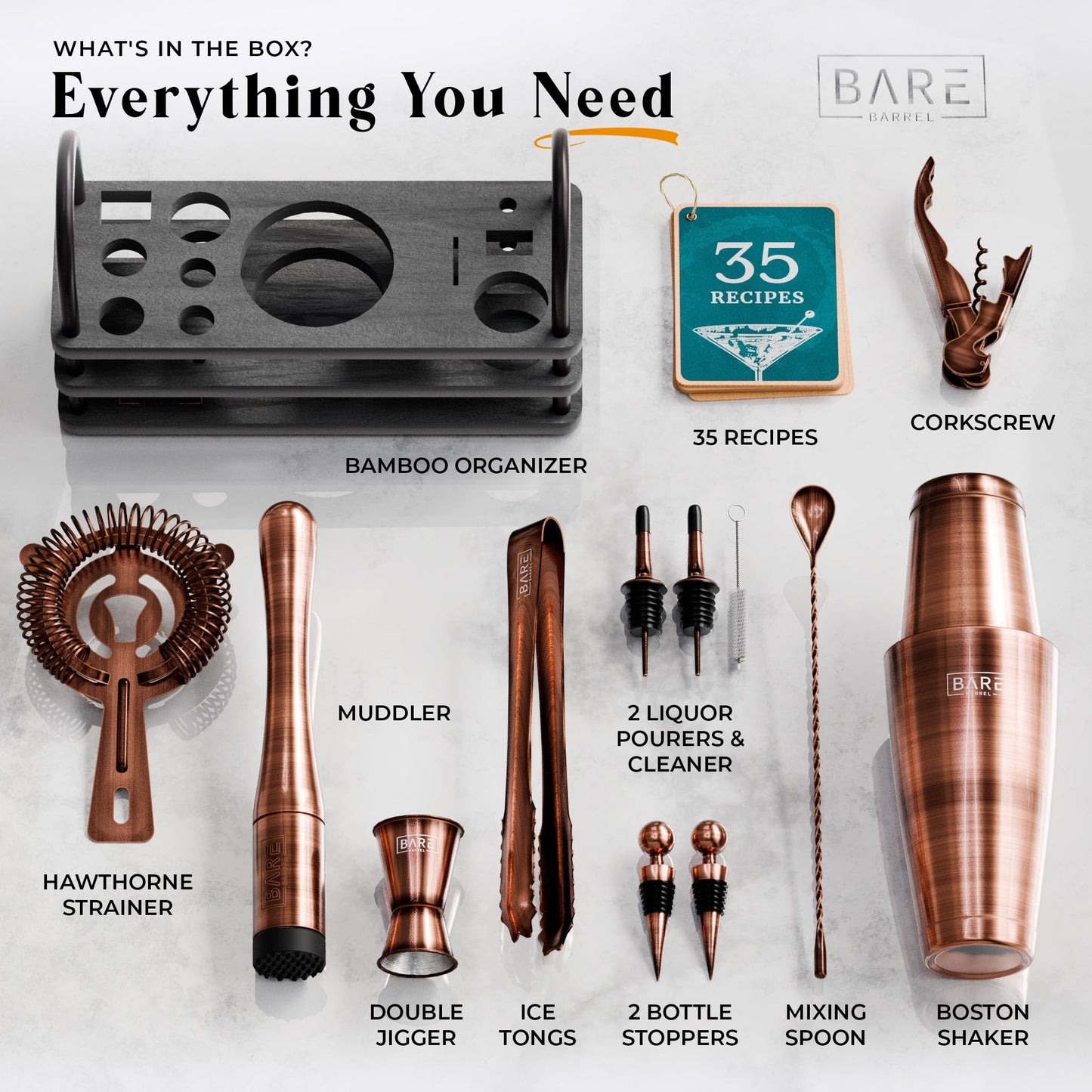 BARE BARREL Cocktail Making Kit | 14-Piece Bartender Kit Cocktail Shaker Set Maker | Display Stand & 35 Recipe Cards | Mixology Cocktail Gift Set