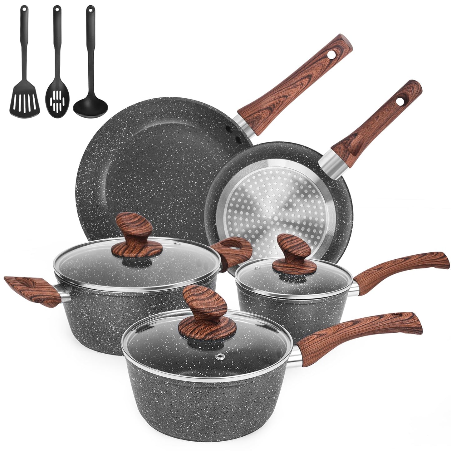M MELENTA Non Stick Pots and Pans Set, 11 Piece Die-Cast Induction Hob Pan Set, Granite Cookware Set with Frying Pans, Saucepan Set, PFOA Free, Dark