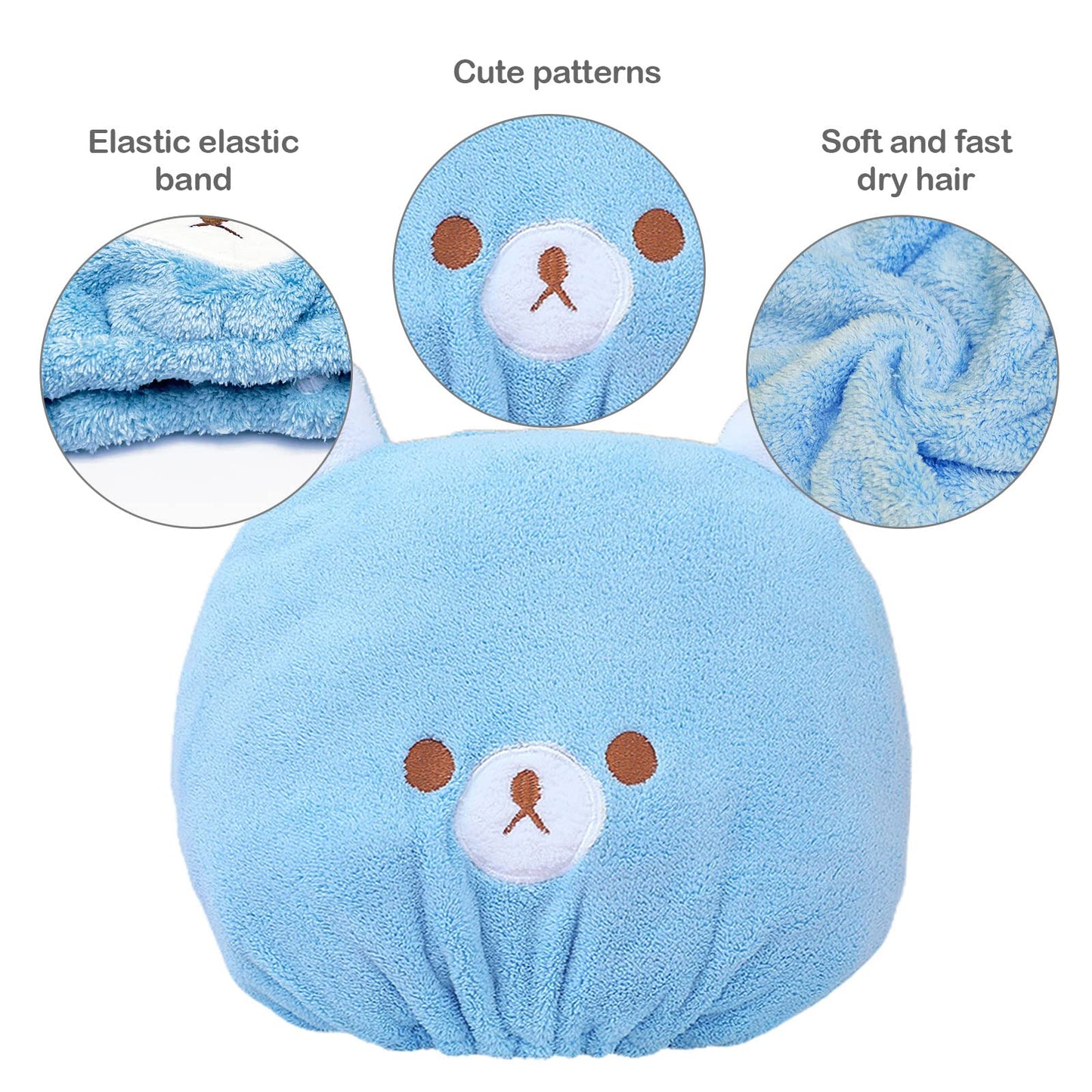 TSHAOUN 2 Pieces Bath Caps, Absorbent Hair Drying Wrap Towel, Cute Bear Embroidery Coral Velvet Wet Kids Hair Dry Turban Wrap Quick Dry Head Towel