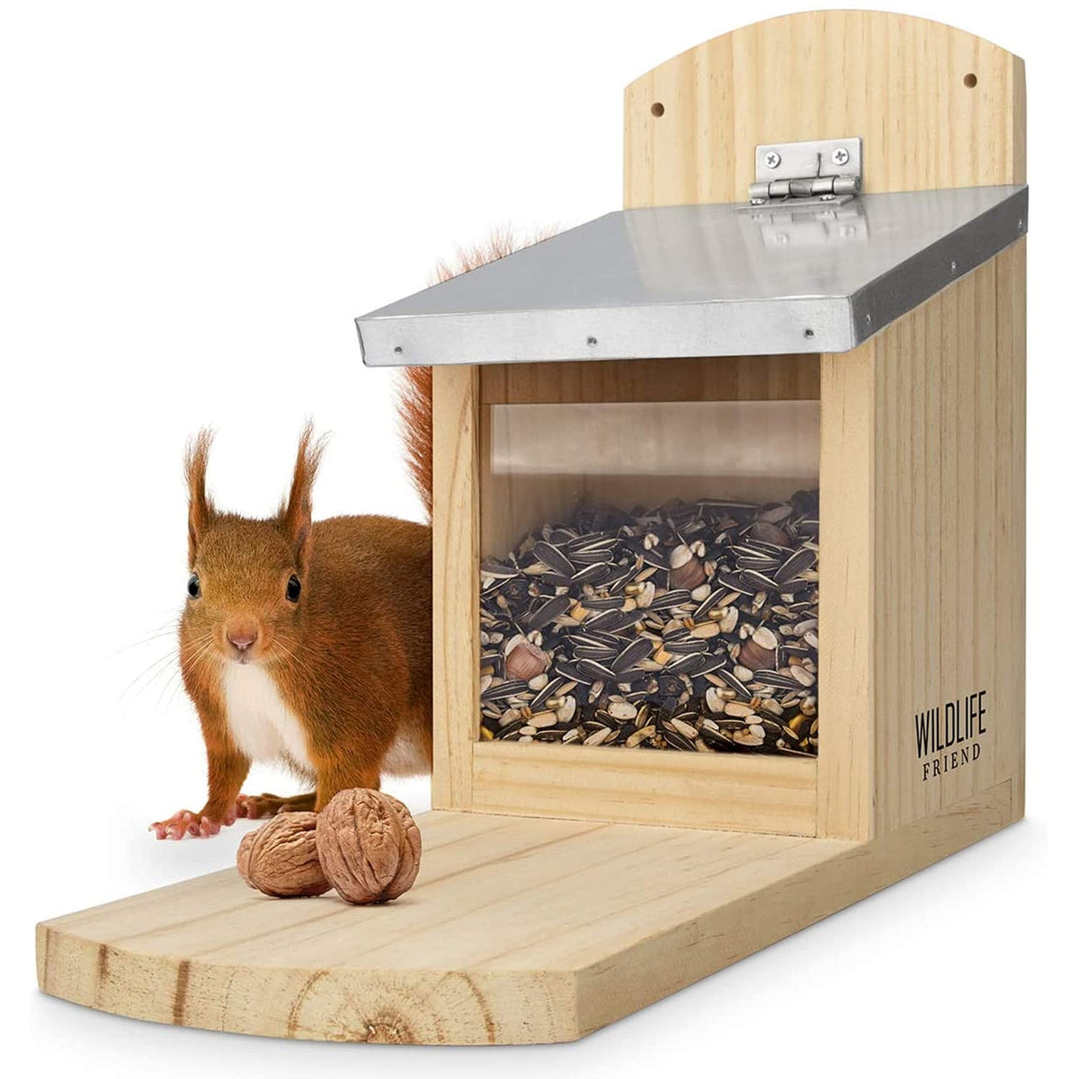 Squirrel Feeder Maxi - Extra Large and Stable - with Metal Roof, Natural Wood with Extra Long Feeding Platform - Hanging Feeding Station, Squirrel