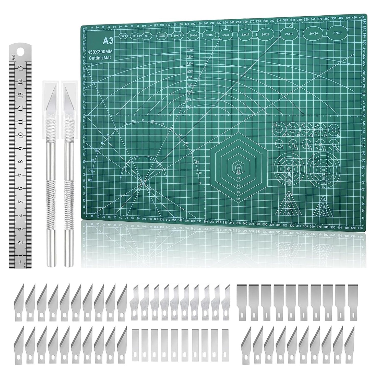 Cutting Mat A3 Set with Steel Ruler, Self Healing Craft Mat Art Mat for DIY, Paper, Sewing, Fabric, Quilting, Scrapbook