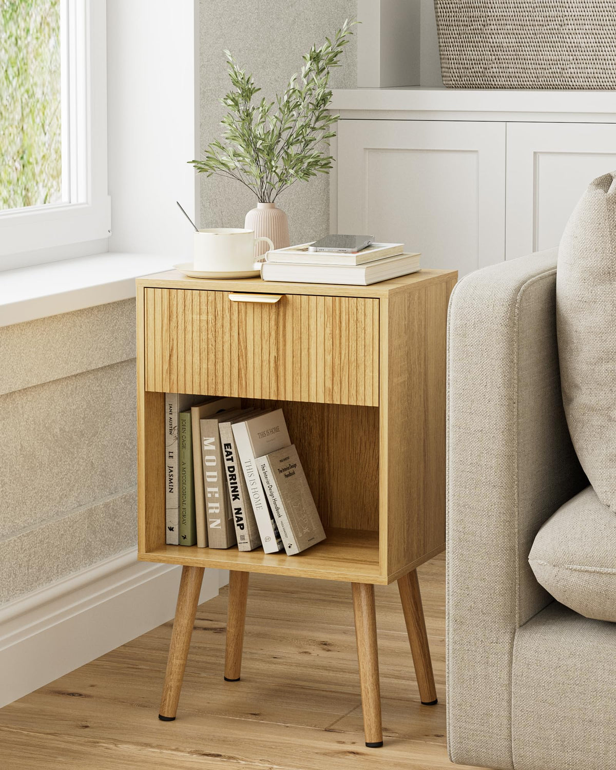 Apetaccat Bedside Table, Nightstand with Drawer and Storage Shelf, Oak