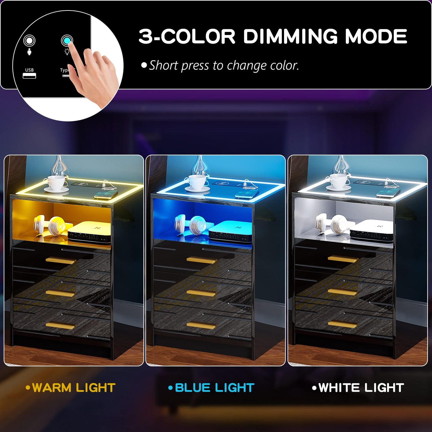 Bedside Table with Wireless Charging Station & 3 Drawers for Living Room