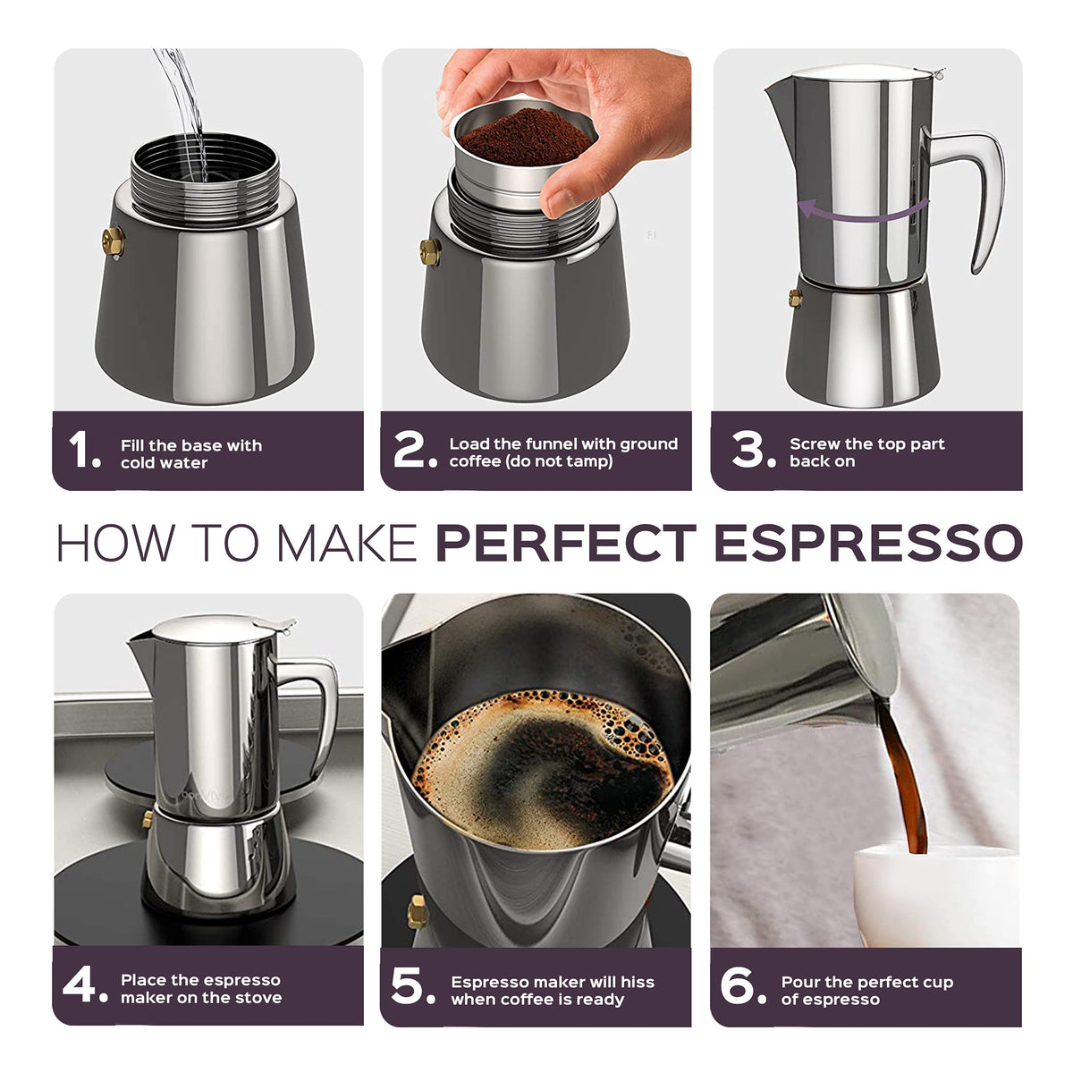 bonVIVO Moka Pot - 6 Cup Intenca Stainless Steel Espresso Maker w/Black Finish - Stove Top Italian Coffee Maker - 300ml Cup Coffee Pot - Gifts for Men