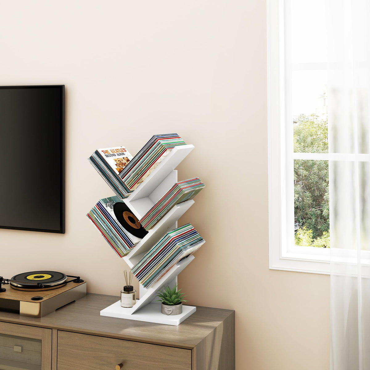 Hoctieon 4 Tier Tree Bookshelf, 4 Shelf Bookcase, Free Standing Tree Bookcase, Display Floor Standing Shelf for Books