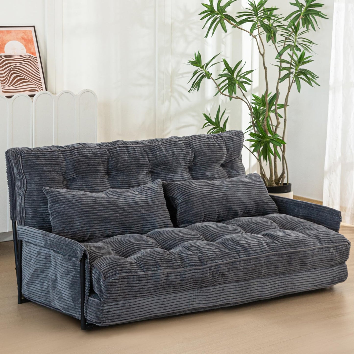 MAXYOYO Adjustable Floor Sofa Couch with 2 Pillows, Multi-Functional Bean Bag Bed, 5-Position Foldable Lazy Sofa Sleeper Bed with Armrest