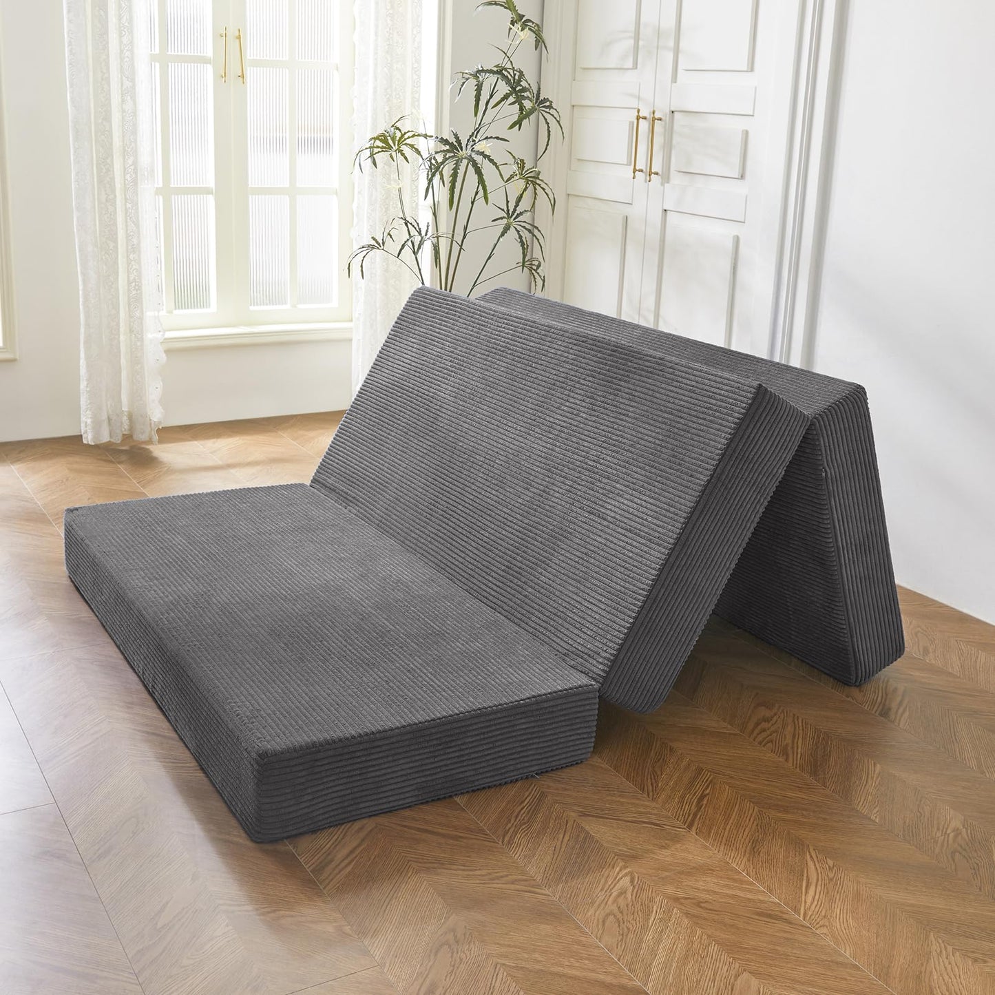 MAXYOYO Folding Corduroy Mattress, Tri Fold Floor Mattress 15cm thick with Washable Cover,Foldable in Three,Space-Saving for Guest (Charcoal, Single)