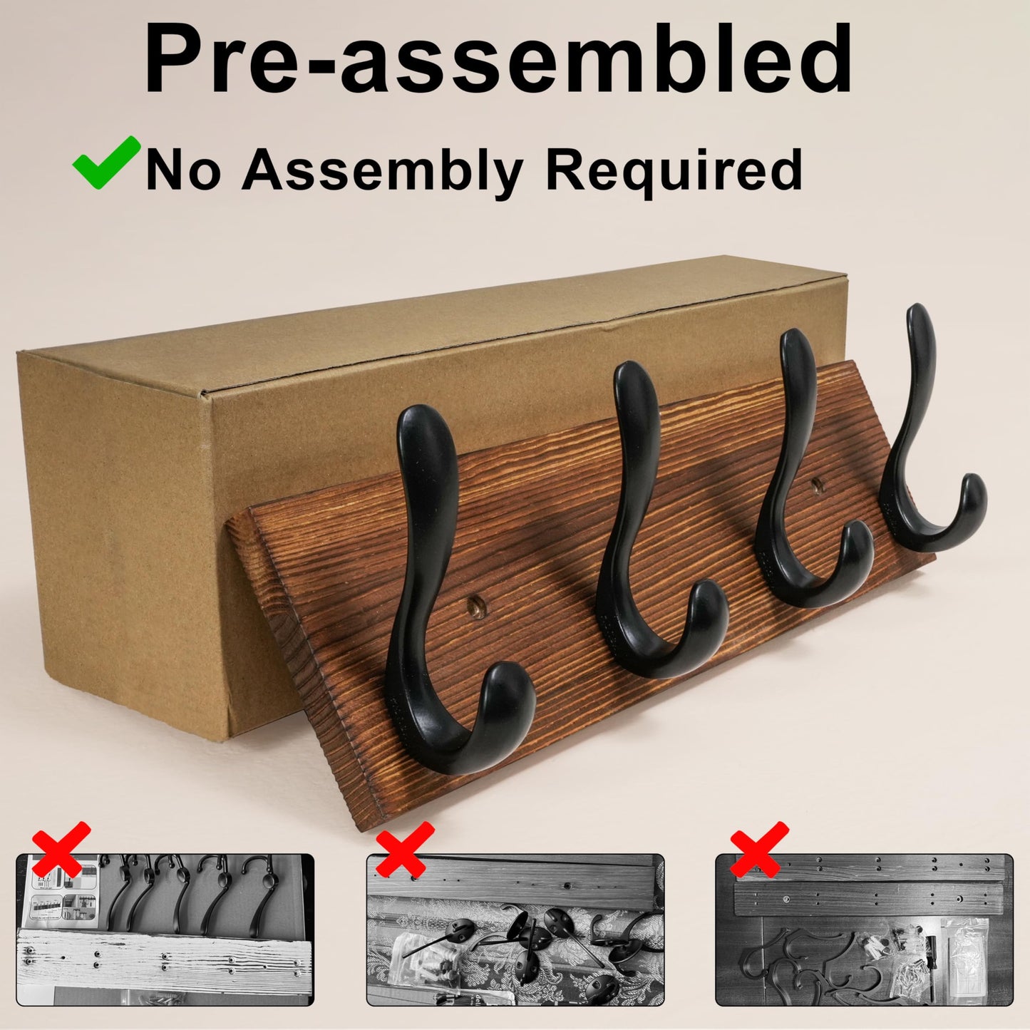 HONSKY Wooden Coat Rack Wall Mounted with 4 Double Hooks, Wall Mounted Clothes Rack Organizer for Jackets/Hats/Scarves
