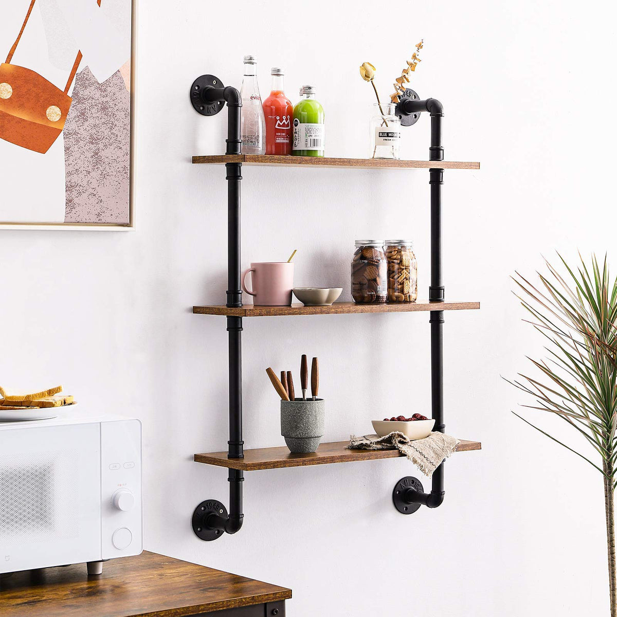 IBUYKE Pipe Floating Shelves, Wall Shelf Outdoor, 60x20x95cm, Decorative Shelving Unit for Wall, Plant Stand, Storage Organiser Shelf for Bedroom,