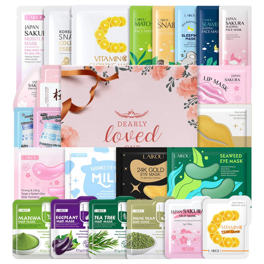 LAIKOU Face Mask Skincare Set, 24 Pcs Pamper Gifts for Women, 3 x Face Masks, 5 x Sleeping Masks, 6 x Mud Masks, 4 x Face Creams, 4 x Eye & 2 x Lip