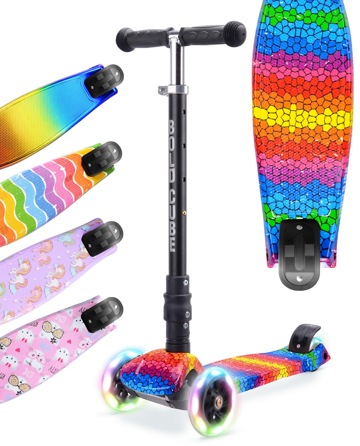 BOLDCUBE Big Fold Crystal Rubix | Three Wheel Scooter for Children Ages 5-10 Years | LED Wheels with Flashing Lights | Height Adjustable 65 to 89 cm |