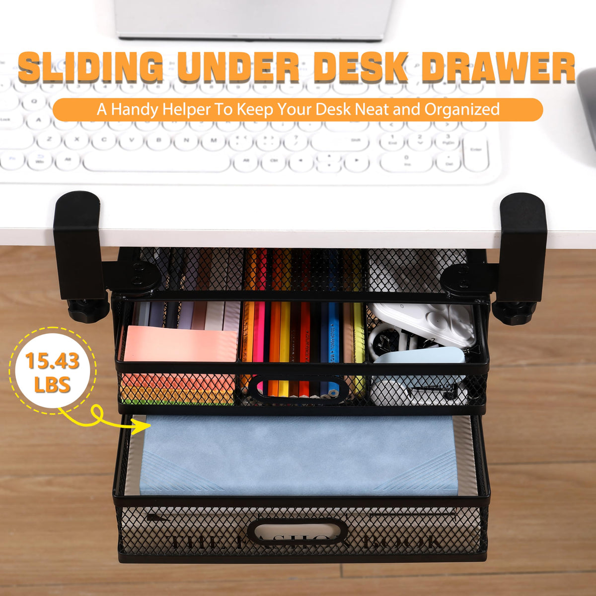 ROLIZOE Clamp On Under Desk Drawers 2 Large Capacity Mesh Metal Drawers Slide Out Under Desk Storage No Drill Under Desk Drawer Organiser Anti-Slip