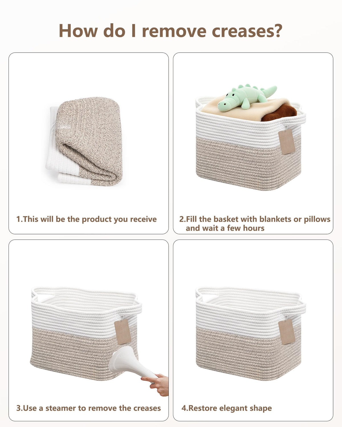 JOJOSEE Small Cotton Woven Storage Basket for Shelves, White&Brown,3PCS