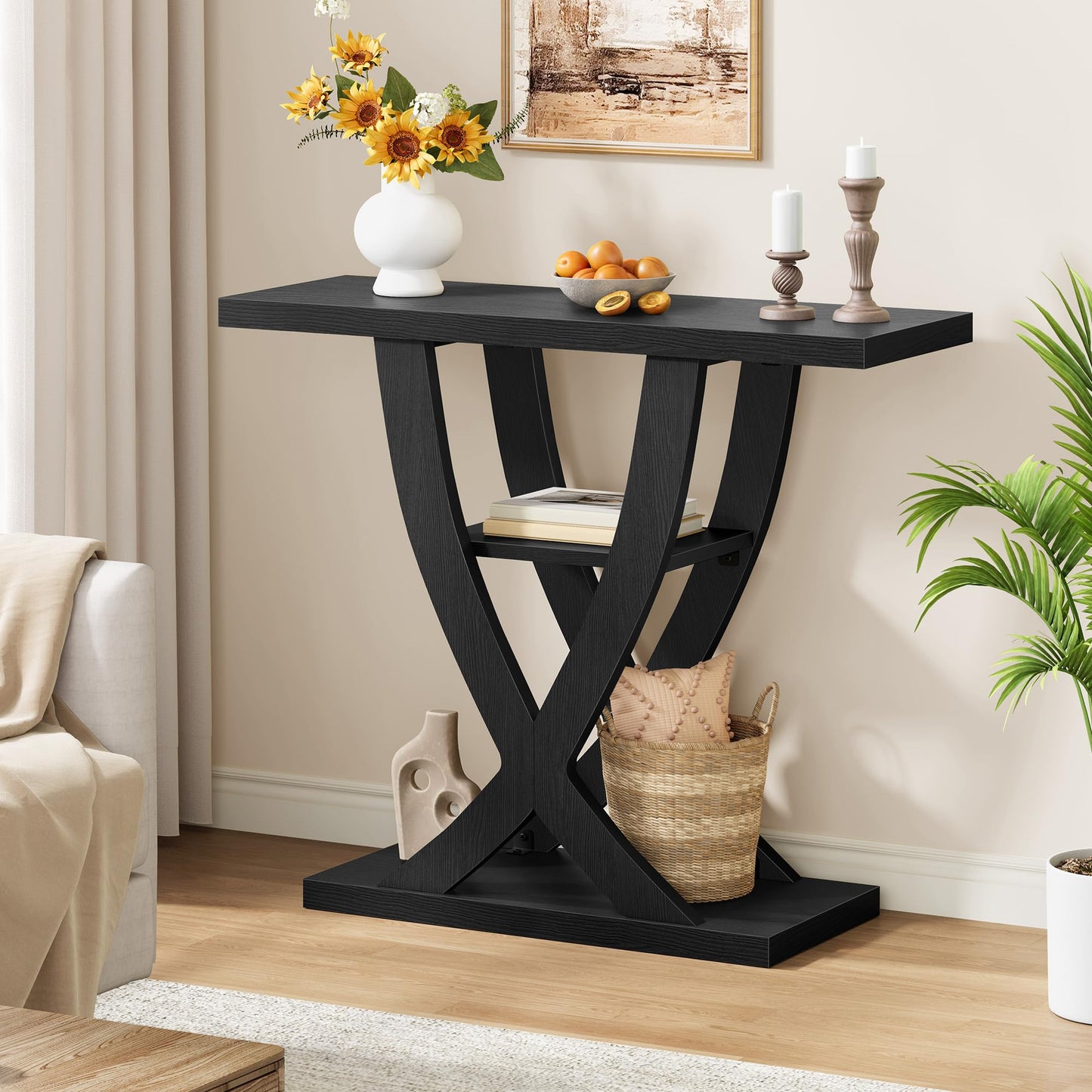 FAVOOSTY Slim Console Table for Hallway, 3-Tier Half Moon Narrow Entryway Table with Shelves, Industrial Behind Sofa Table