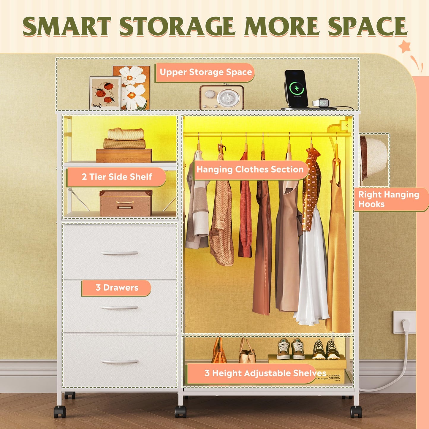 WLIVE White Chest of Drawers with LED & Charger, Fabric Open Wardrobe
