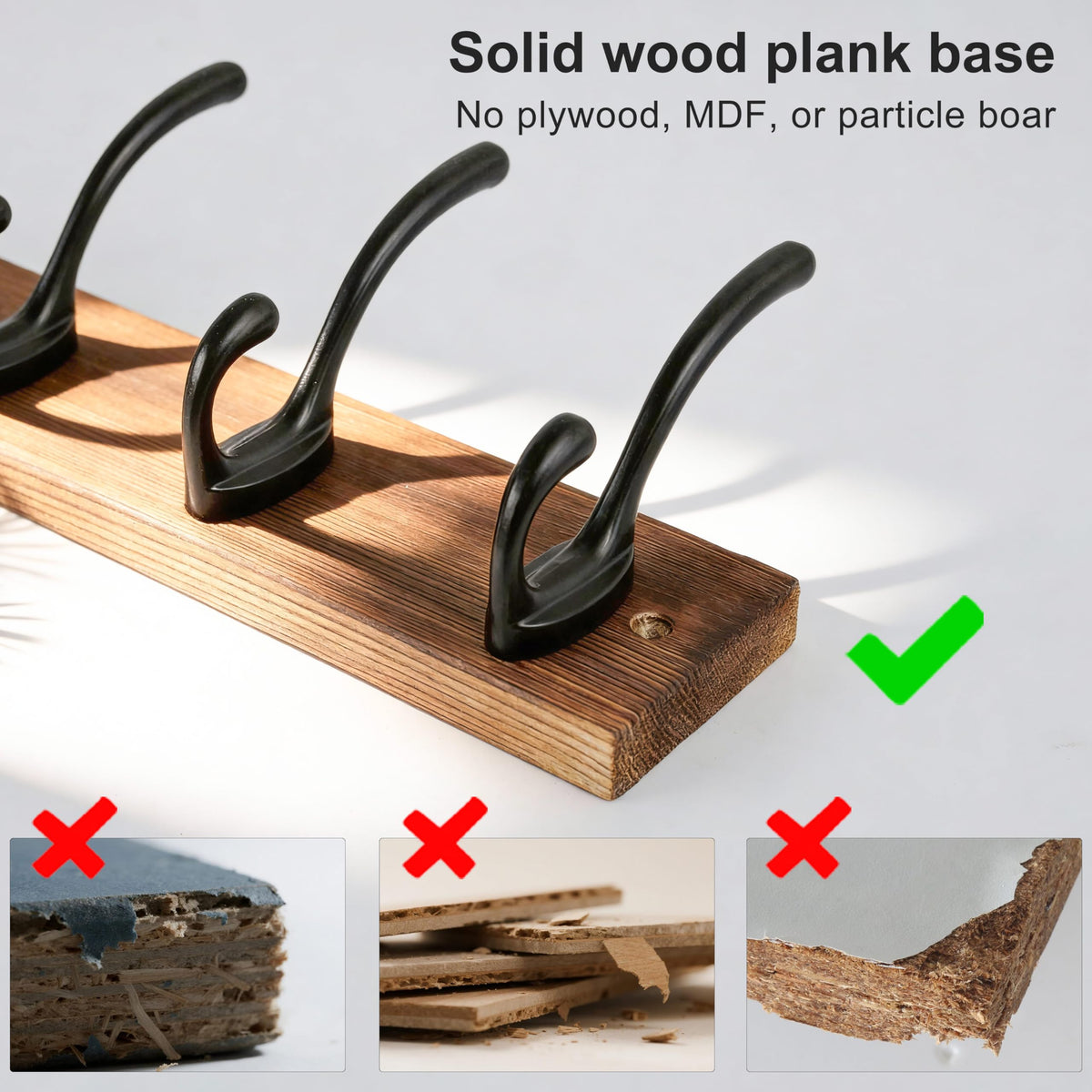 HONSKY Wall Coat Rack - 6 Double Hooks (44cm) | Wooden & Metal Towel/Coat Hanger for Entryway, Bathroom, Bedroom, Garage