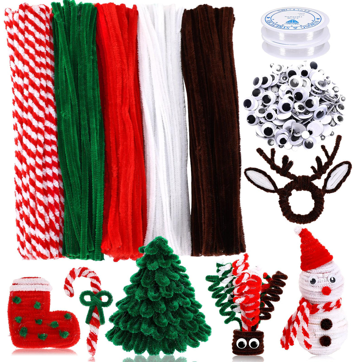 UPINS 550pcs Christmas Pipe Cleaners Set Including 5 Colors of Chenille Stems and Wiggle Googly Eyes for Christmas Party DIY Art Craft Supplies
