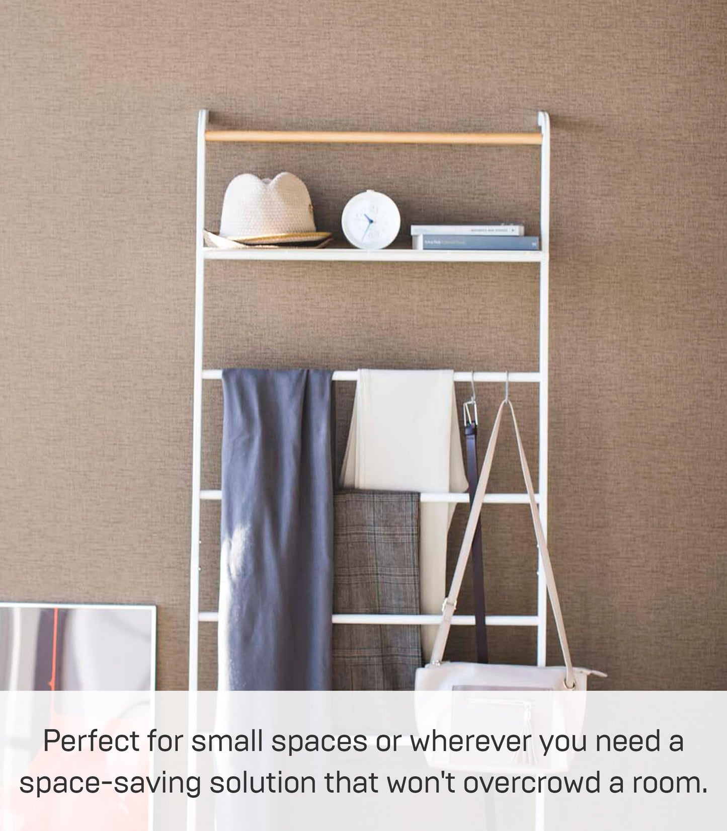 Yamazaki 3871 TOWER Ladder Hanger with Shelf, White, Steel/Wood, Minimalist Design, 66 x 30～38 x 160 cm (LxWxH)