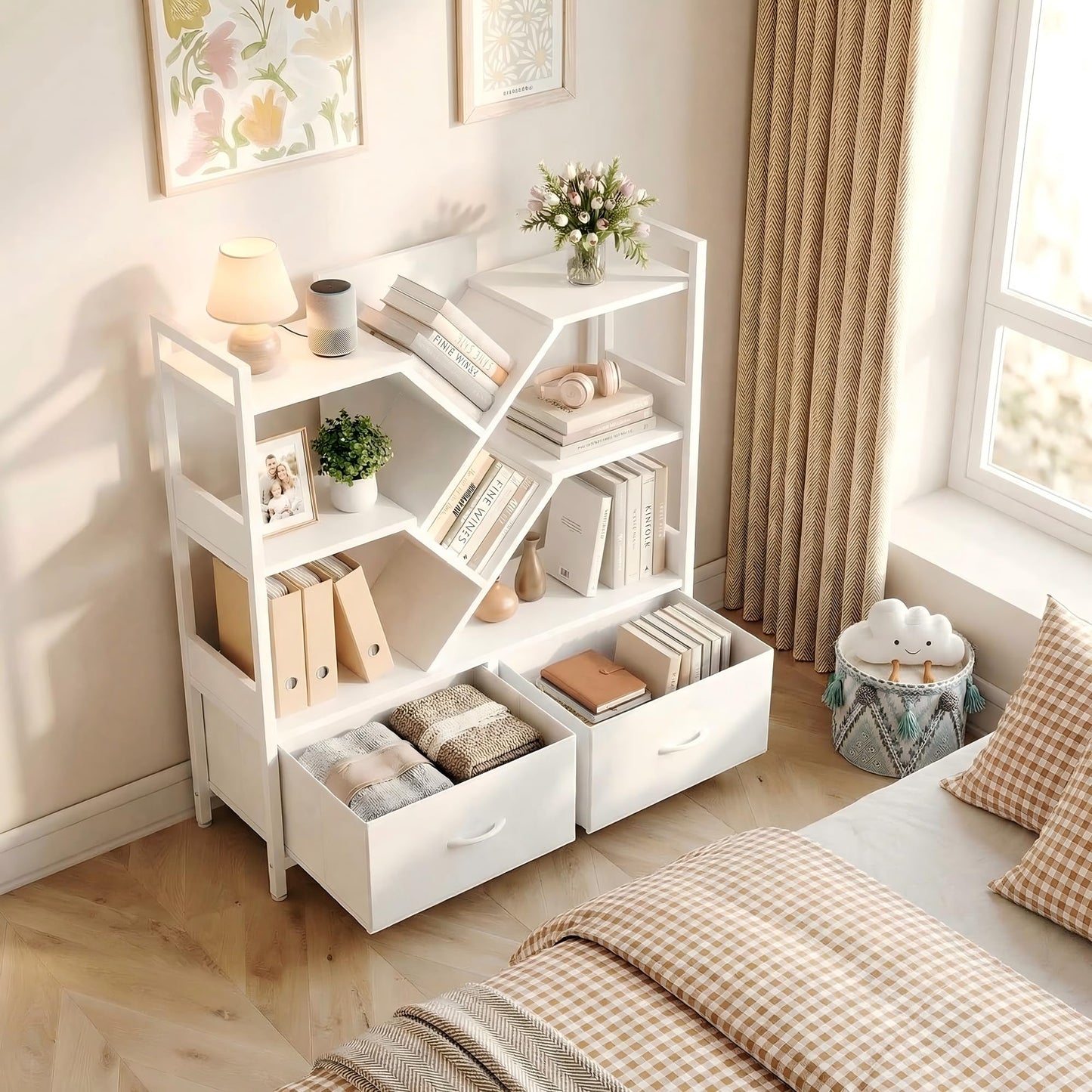 IRONCK White Bookshelf with 2 Drawers & Wheels, Cube Bookcase 100x32x104 cm