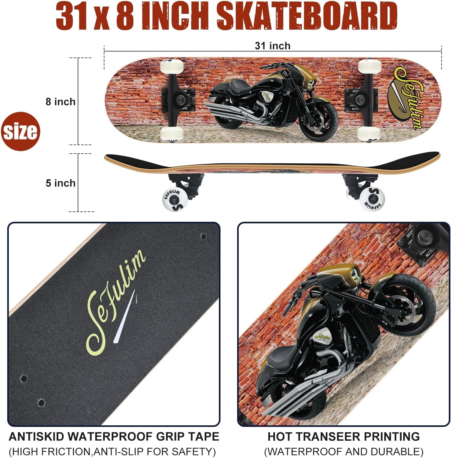 Sefulim 31 x 8 Inch Complete Skateboard 7 Layer Canadian Maple Double Kick Deck Skateboard for Boys Girls Teens Adults Beginner