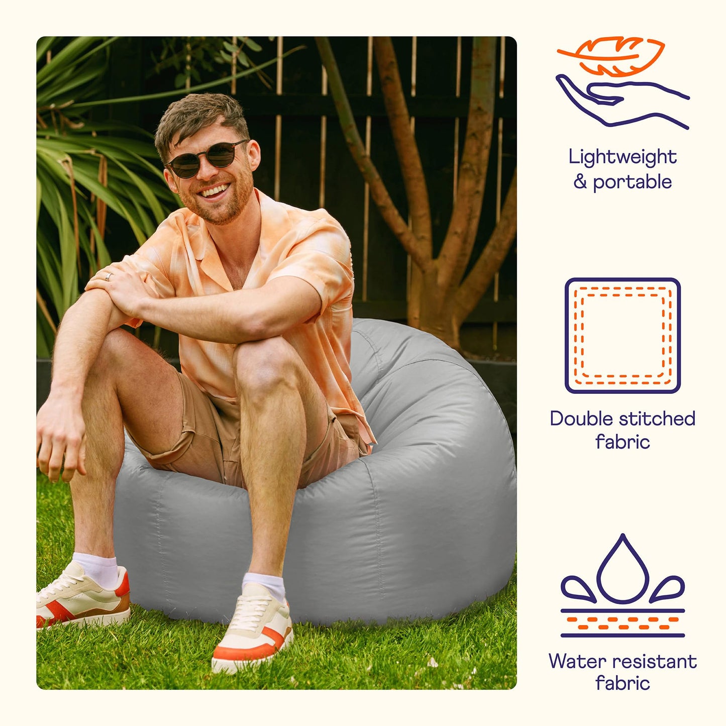 Bean Bag Bazaar Outdoor Bean Bag, Grey, Water Resistant Fabric, Large Beanbag with Filling Included, Floor Chair, Garden Chair, Outdoor Seating,