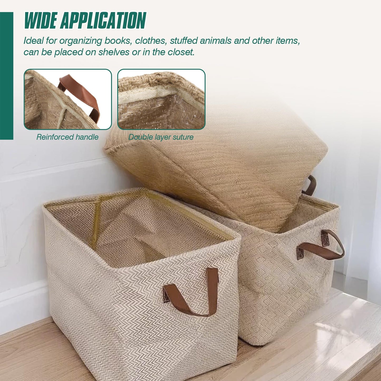 Spesh Jute Storage Basket with Handles, 38 * 27 * 28cm Collapsible Natural Woven Organiser Box Square Jute Storage Bin for Shelves Bathroom