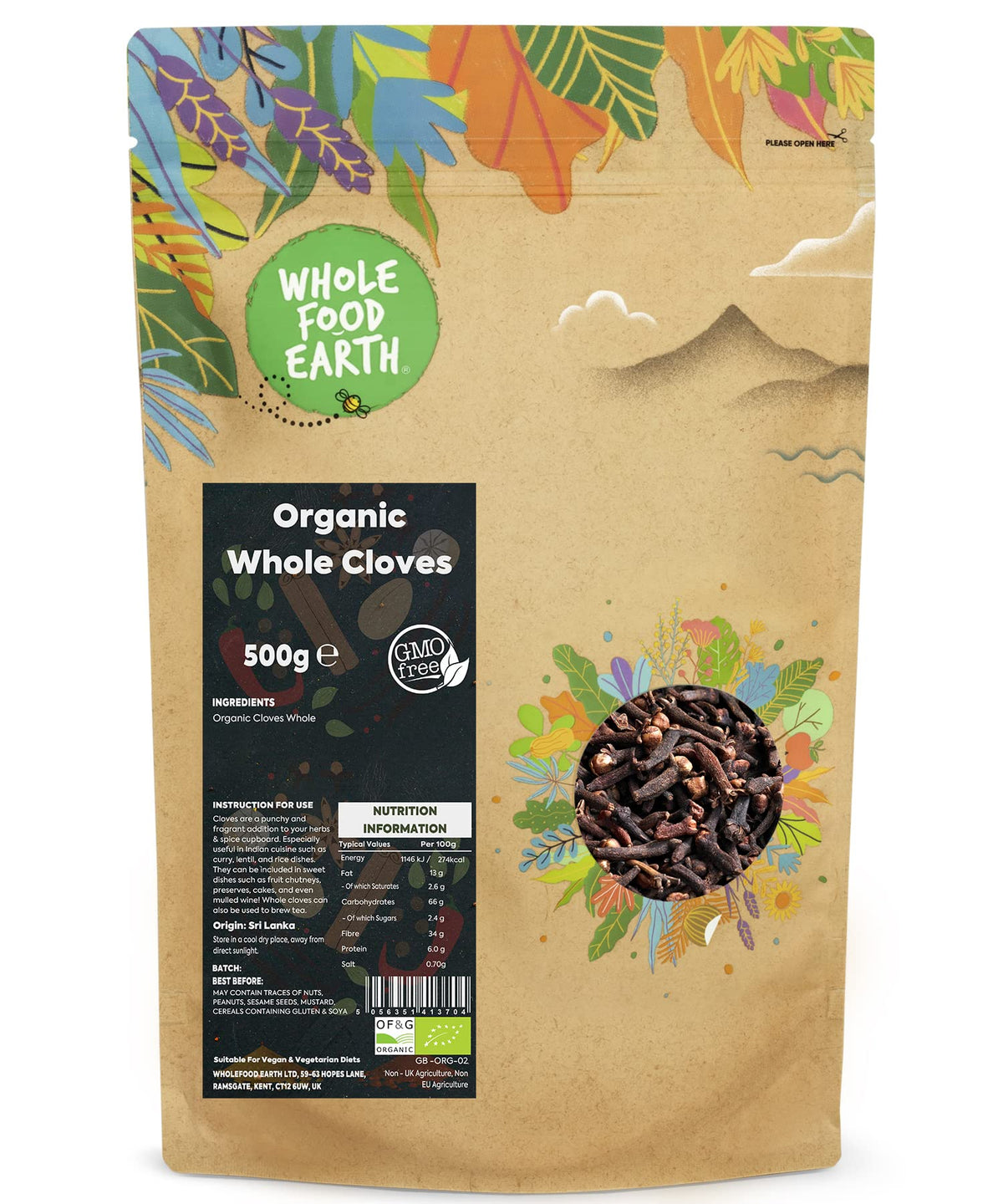Wholefood Earth Organic Whole Cloves 500 g | GMO Free | Certified Organic