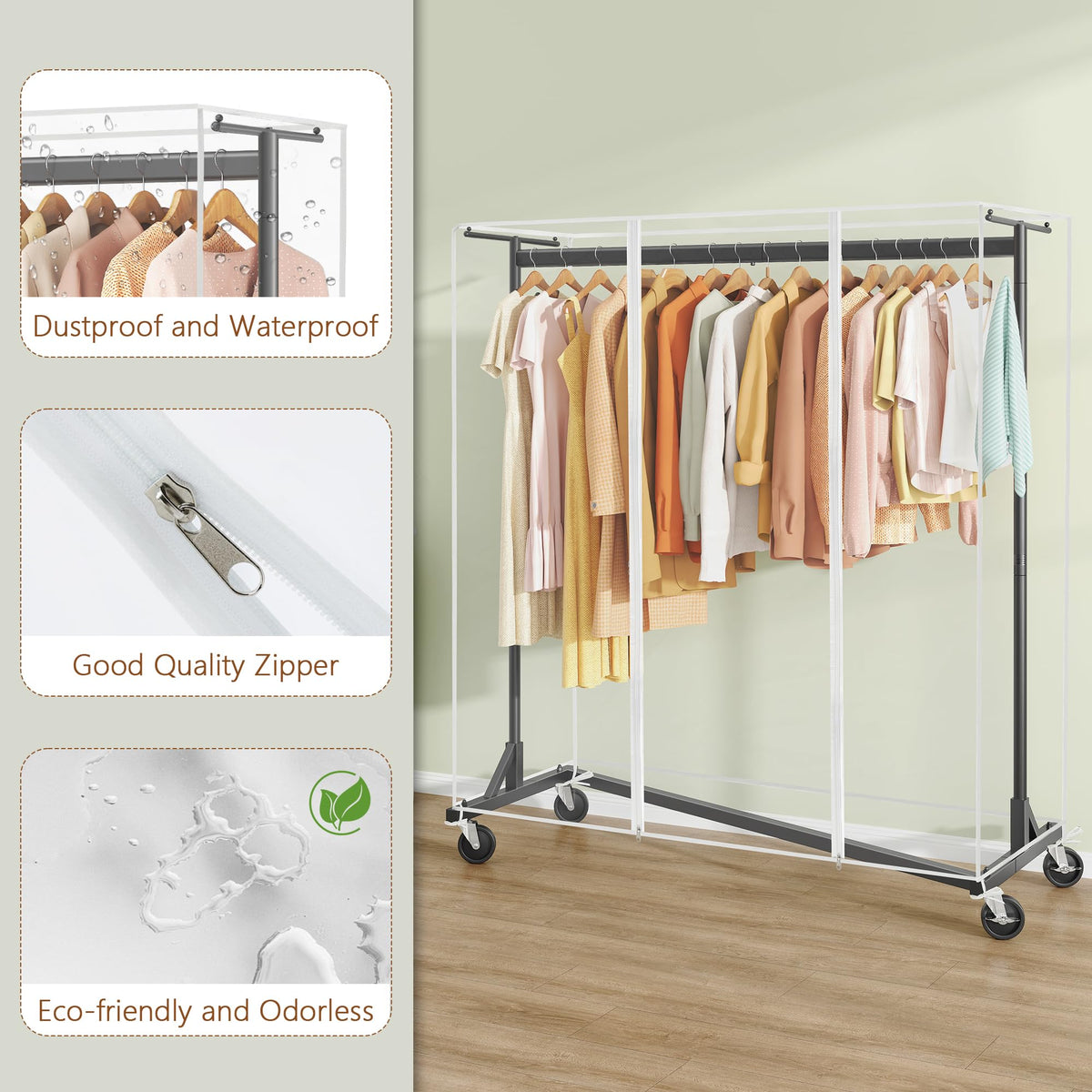 Hoctieon Z Clothes Rack with Cover, Metal Heavy Duty Clothing Rack, Rolling Garment Rack with Wheels, with Dustproof Cover Waterproof Protector