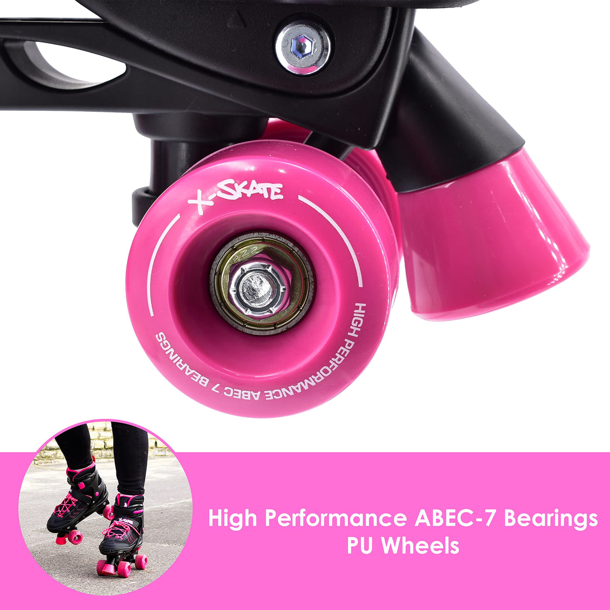 M.Y X-Skate Adjustable Pink Quad Roller Skates with Built In Adjusters Kids Roller Boots for Boys & Girls - Small