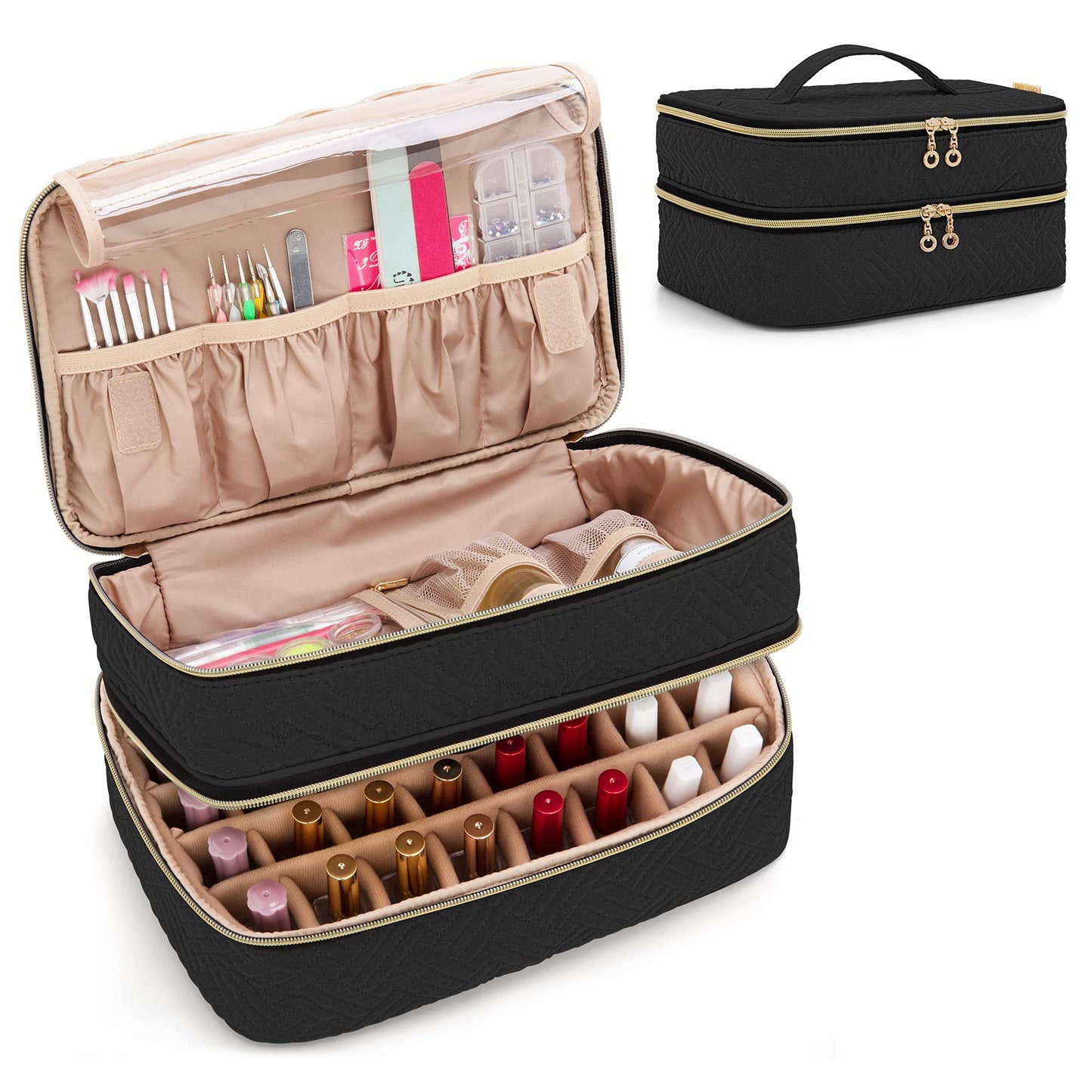 BAFASO Double Layer Nail Polish Organiser Holds 40 Bottles (15ml - 0.5 fl.oz), Nail Polish Case with Manicure Tools Storage Sections (Bag Only), Black