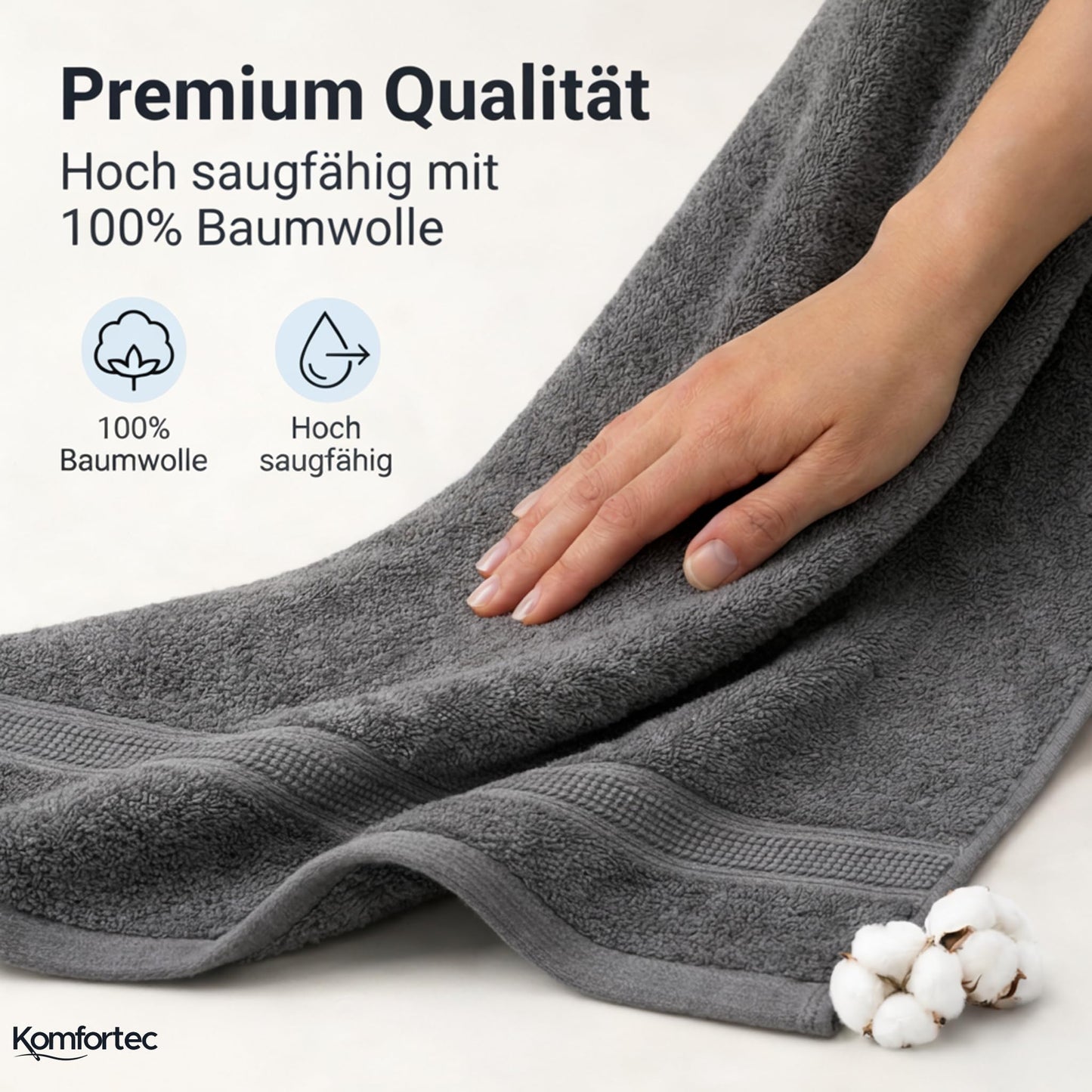 Komfortec Hand Towel Set, 8 Pieces, 100% Cotton, Silver/Anthracite