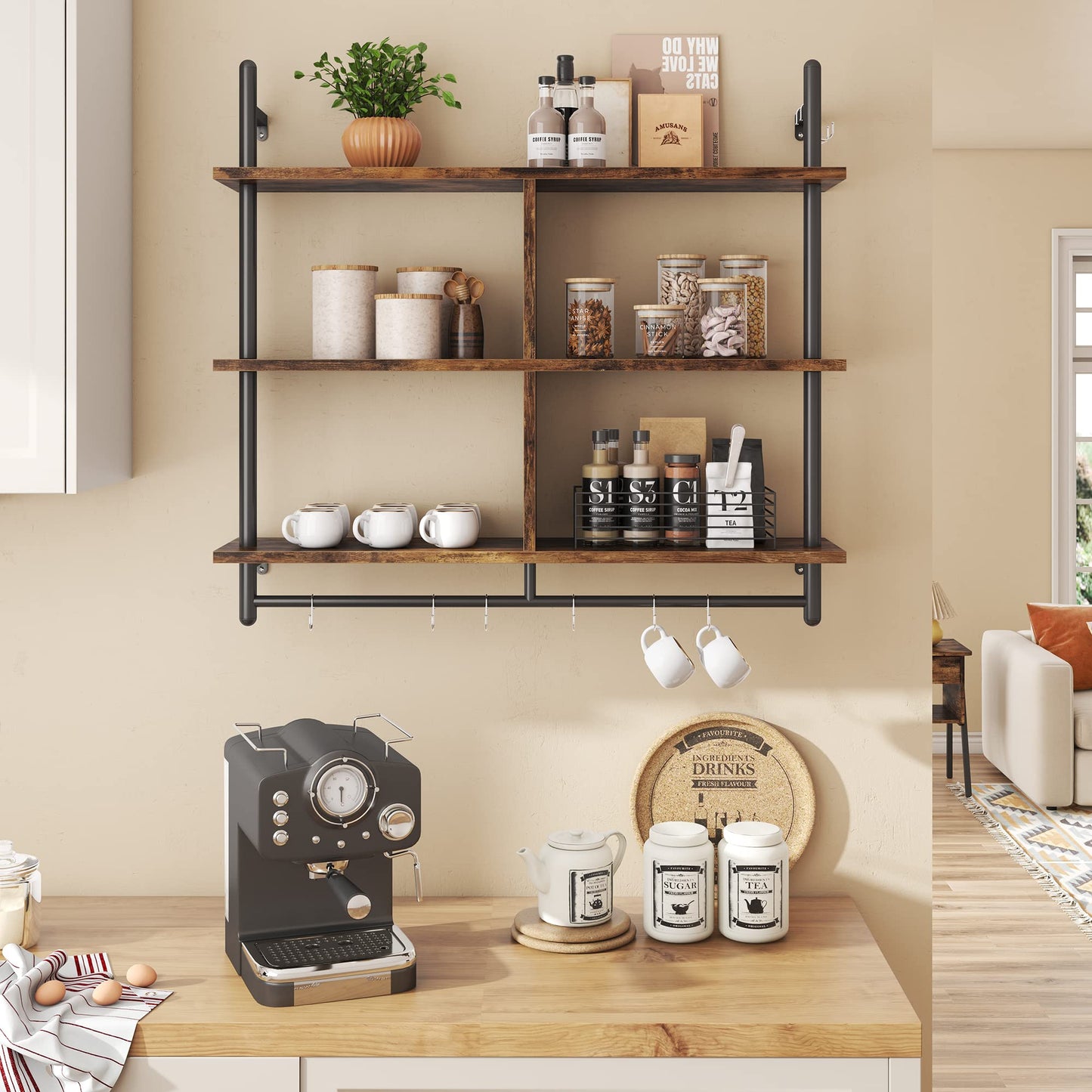 Bestier 3 Tier Floating Pipe Shelving 115CM Industrial Wall Mounted Ladder Shelf Hanging with Circular Tube with Hooks Wood Display Storage Home Decor