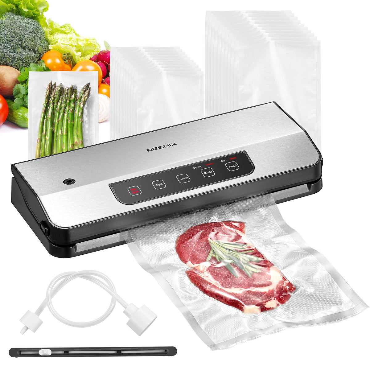Vacuum Sealer, Reemix 8-in-1 Food Vacuum Sealer Machine with 65 KPA Powerful Suction, Food Vacuum Sealer with Build-out Cutter, 20 Vacuum Bags &