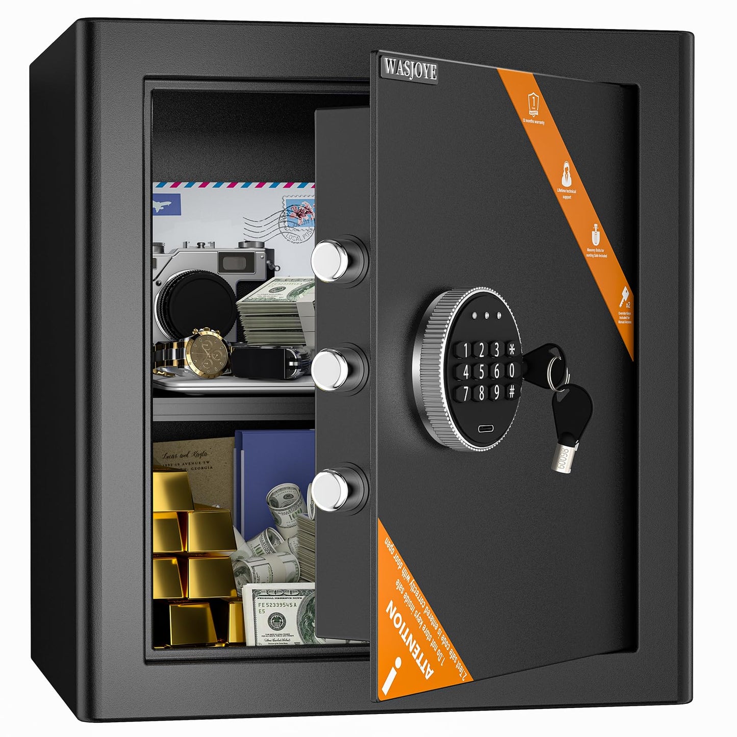 WASJOYE Safe Boxes for Home, Digital Electronic Security Keypad Large Safes, Cabinet Safe with Key Lock for Home Hotel Business Office Money Gun