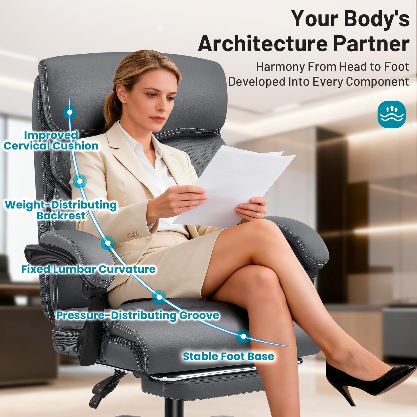 Coscendo Executive Office Chair with Footrest & Armrests, 180kg, Grey