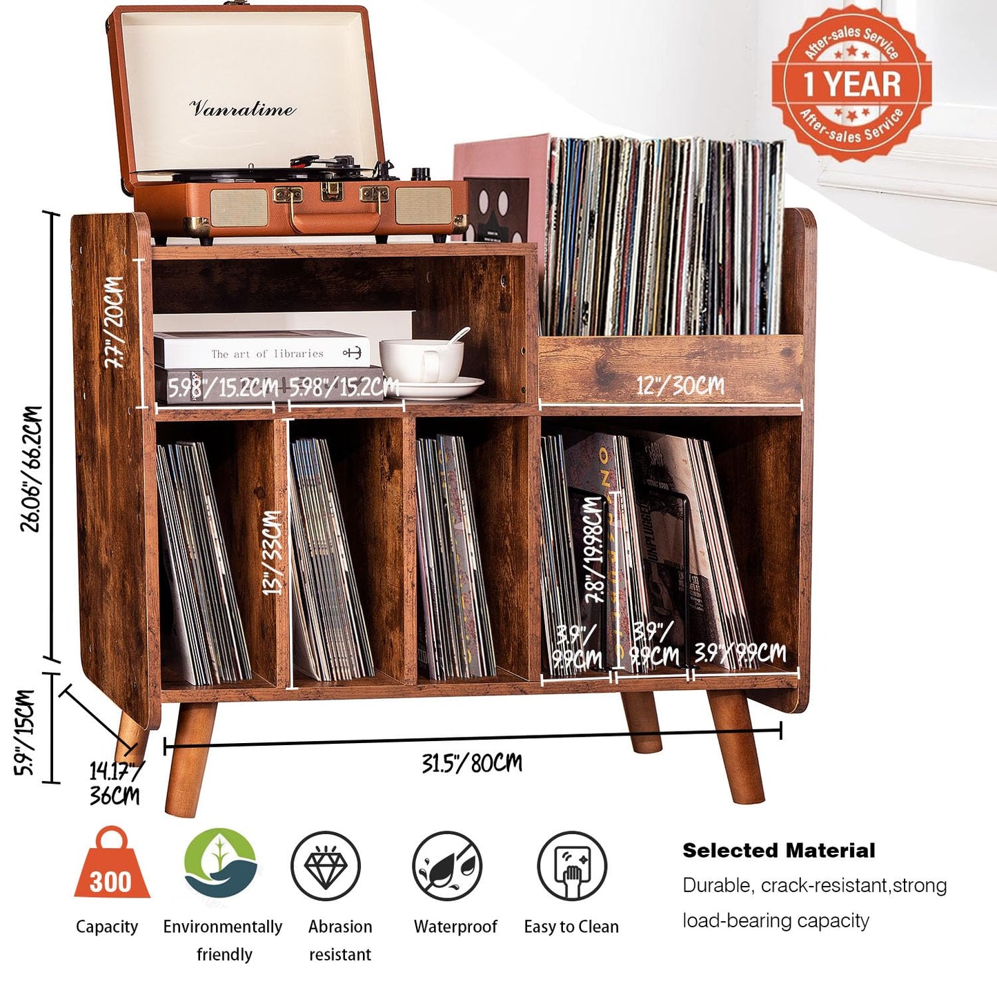 UODERS Record Player Stand, Large Record Player Table Cabinet with Open Vinyl Storage and Display Shelf Holds up to 350 Albums