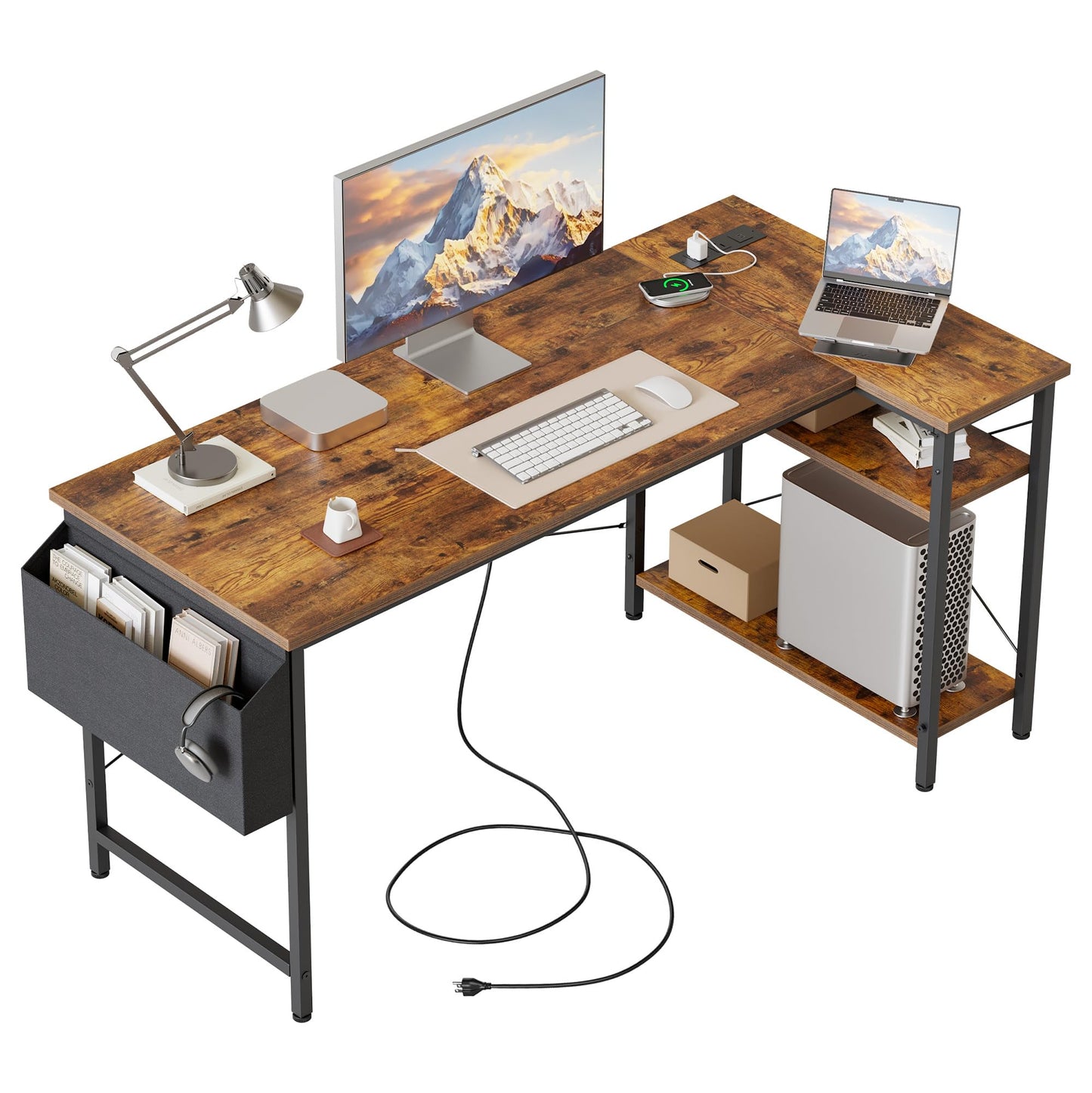 Mericonia Reversible Corner Desk, w. Power Outlets, 120x70cm, Brown