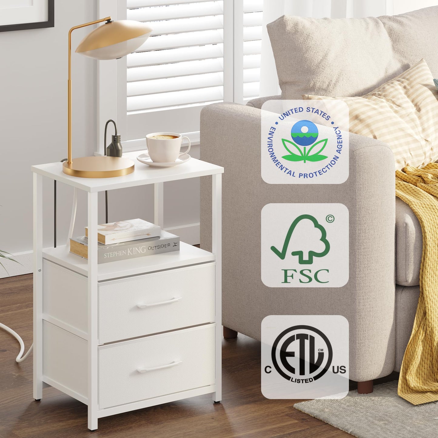 TUTOTAK Bedside Table with Charging Station, Side Table with 2 USB Ports and Outlets, Nightstand with Cloth Drawer, Set of 2, End Table