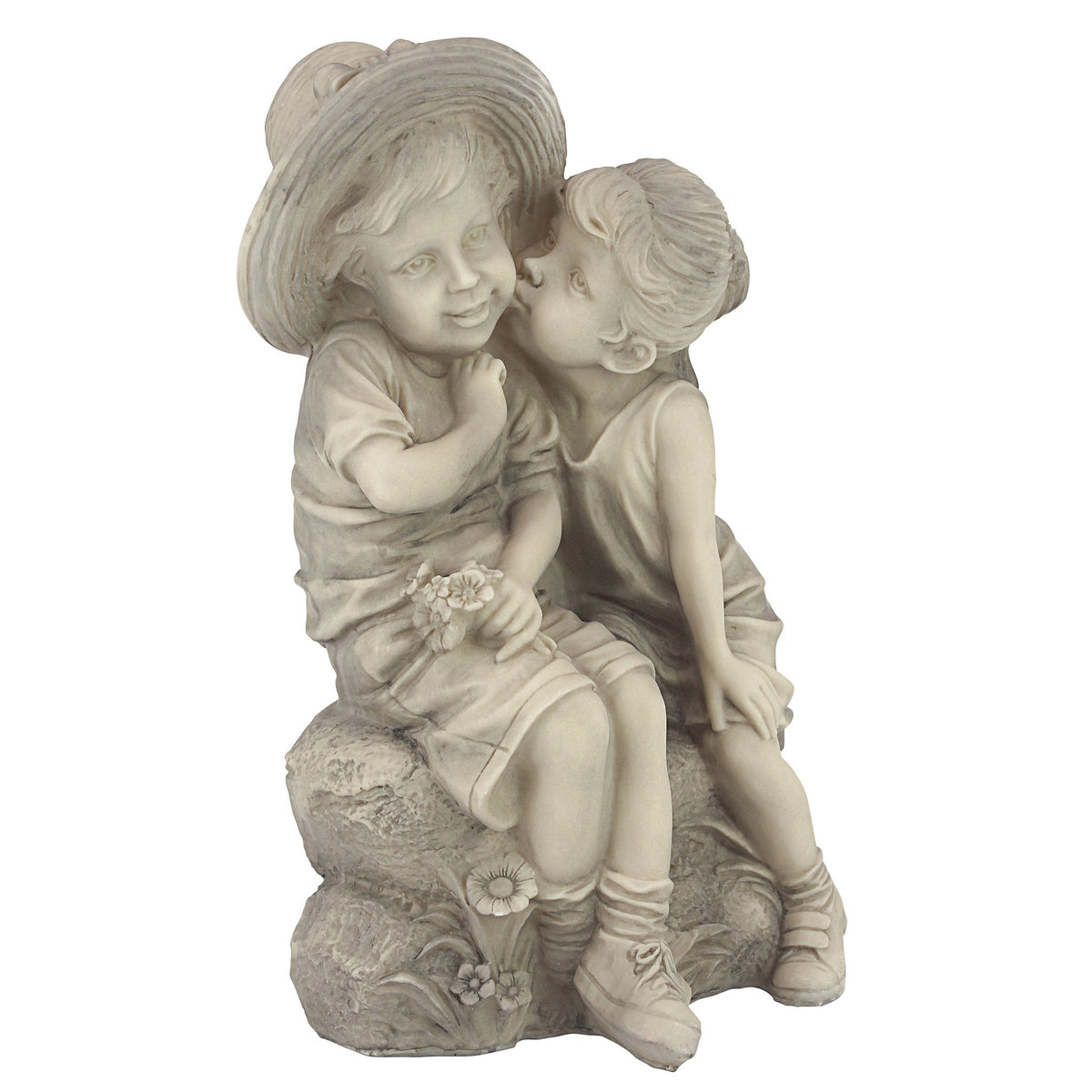 Design Toscano Kissing Kids Boy and Girl Garden Decor Statue, 35.5 cm, Polyresin, Antique Stone
