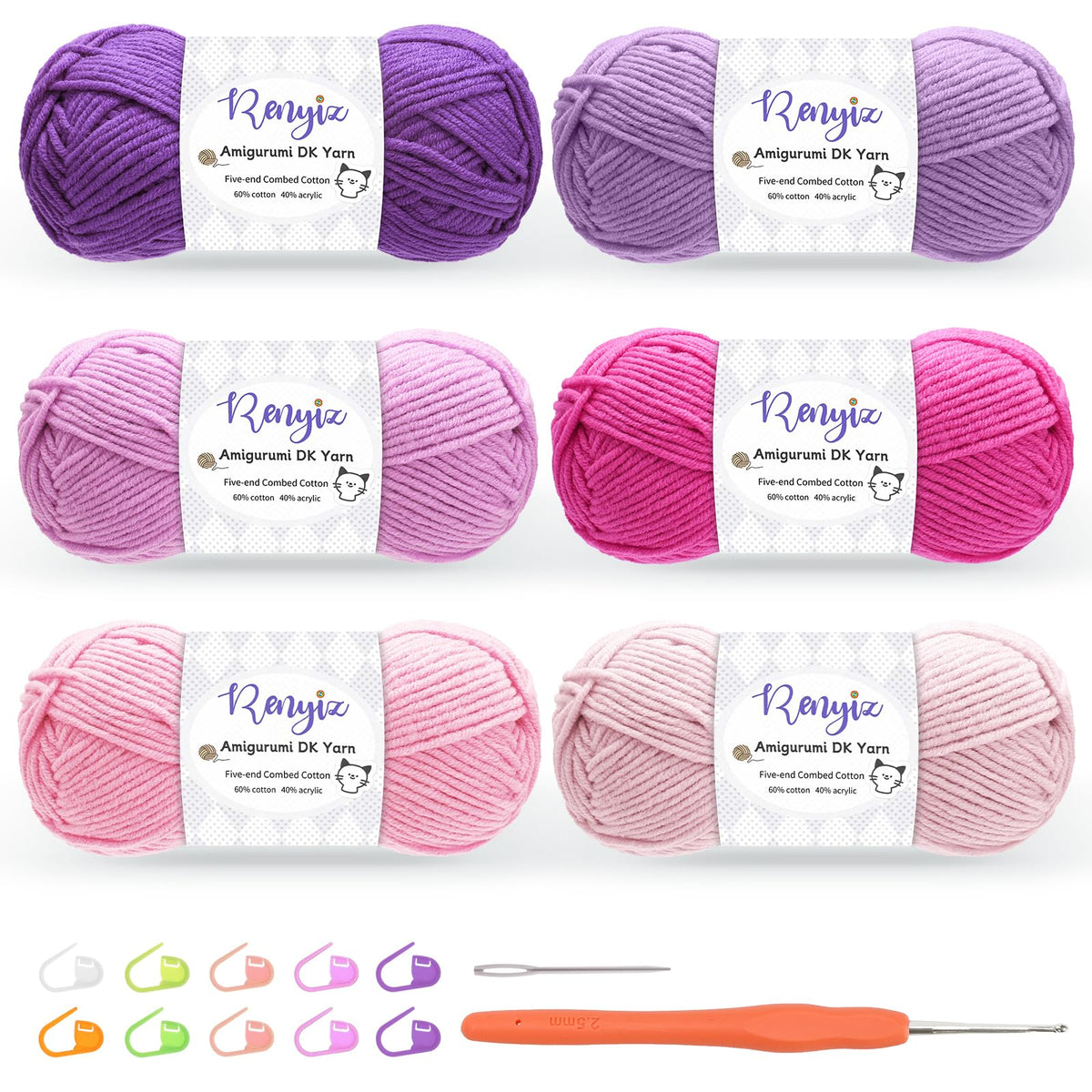 Renyiz Crochet Yarn, 6 x 50g Cotton Yarn (60% Cotton & 40% Acrylic) DK Wool for Crochet with 2.5mm Hook & Accessories, Suitable for Baby Wool Crafts &