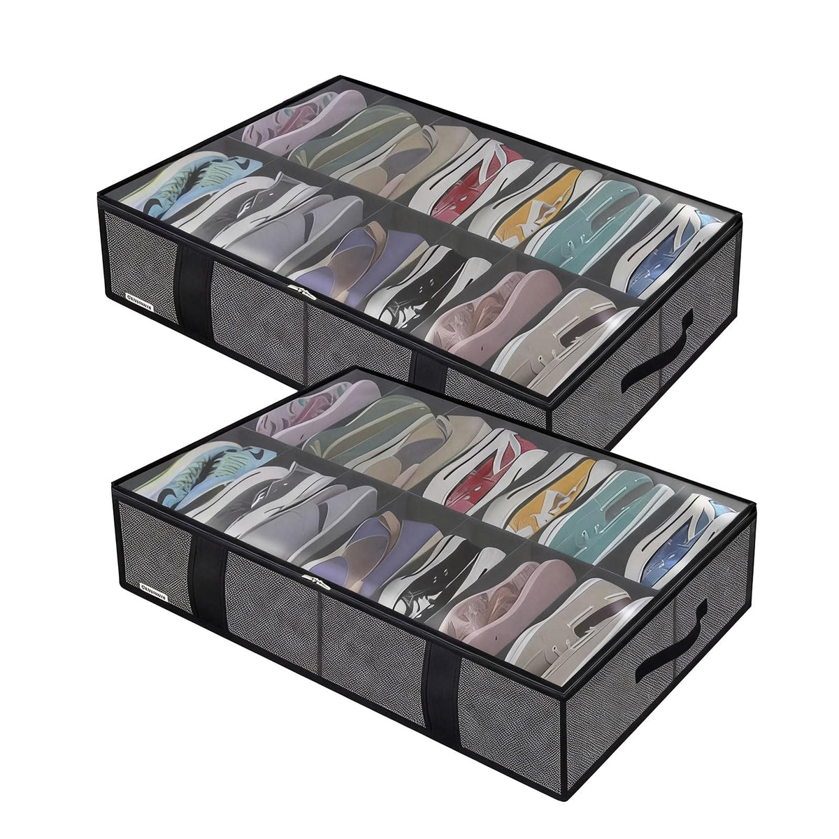 Yeqqzq Under Bed Shoe Storage Organizer with Dividers, Fits 28 Pairs Total, Shoe Holder with Leather Handles, Clear Cover, Foldable Storage Bag