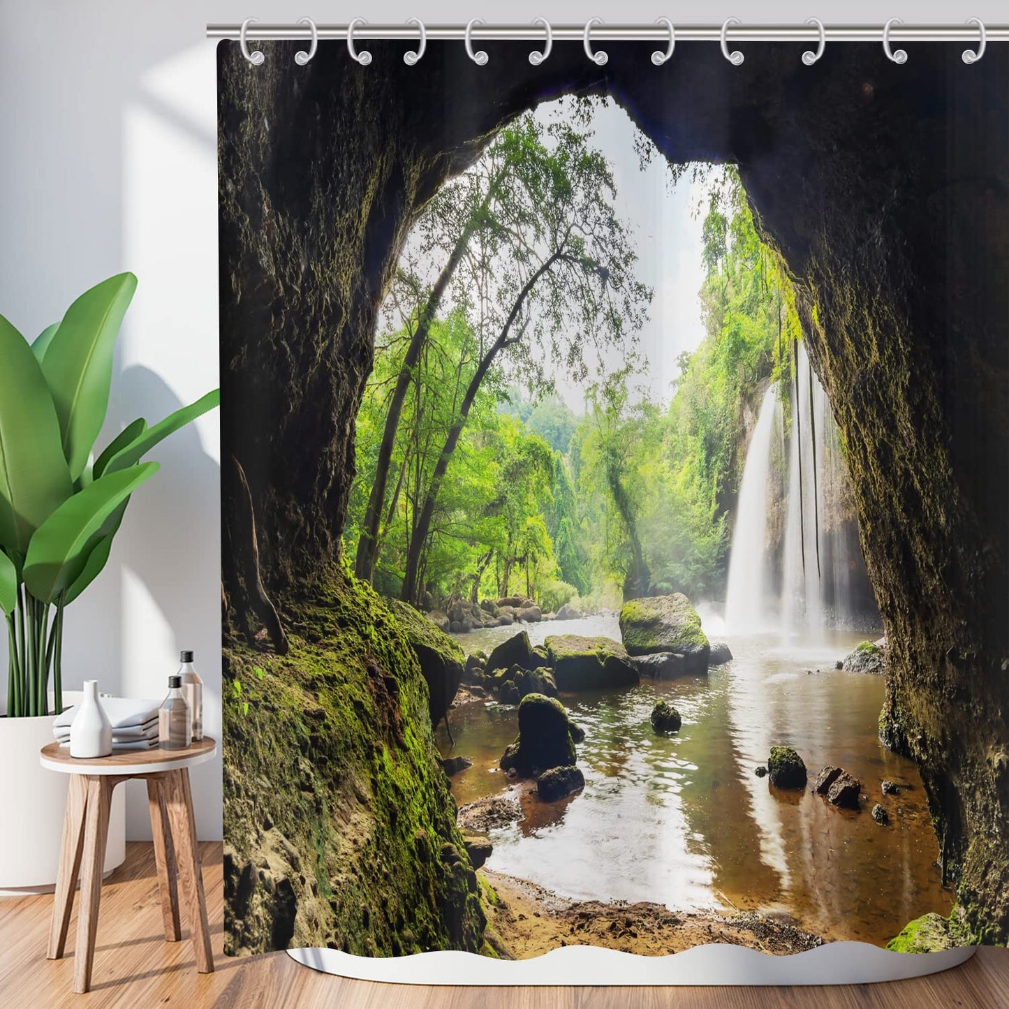 Hnmdmyi Forest Shower Curtain 90x180, Tropical Jungle Rainforest Green Tree Plant Nature Mountain Cave Landscape Waterfall Scenery Bathroom Curtains