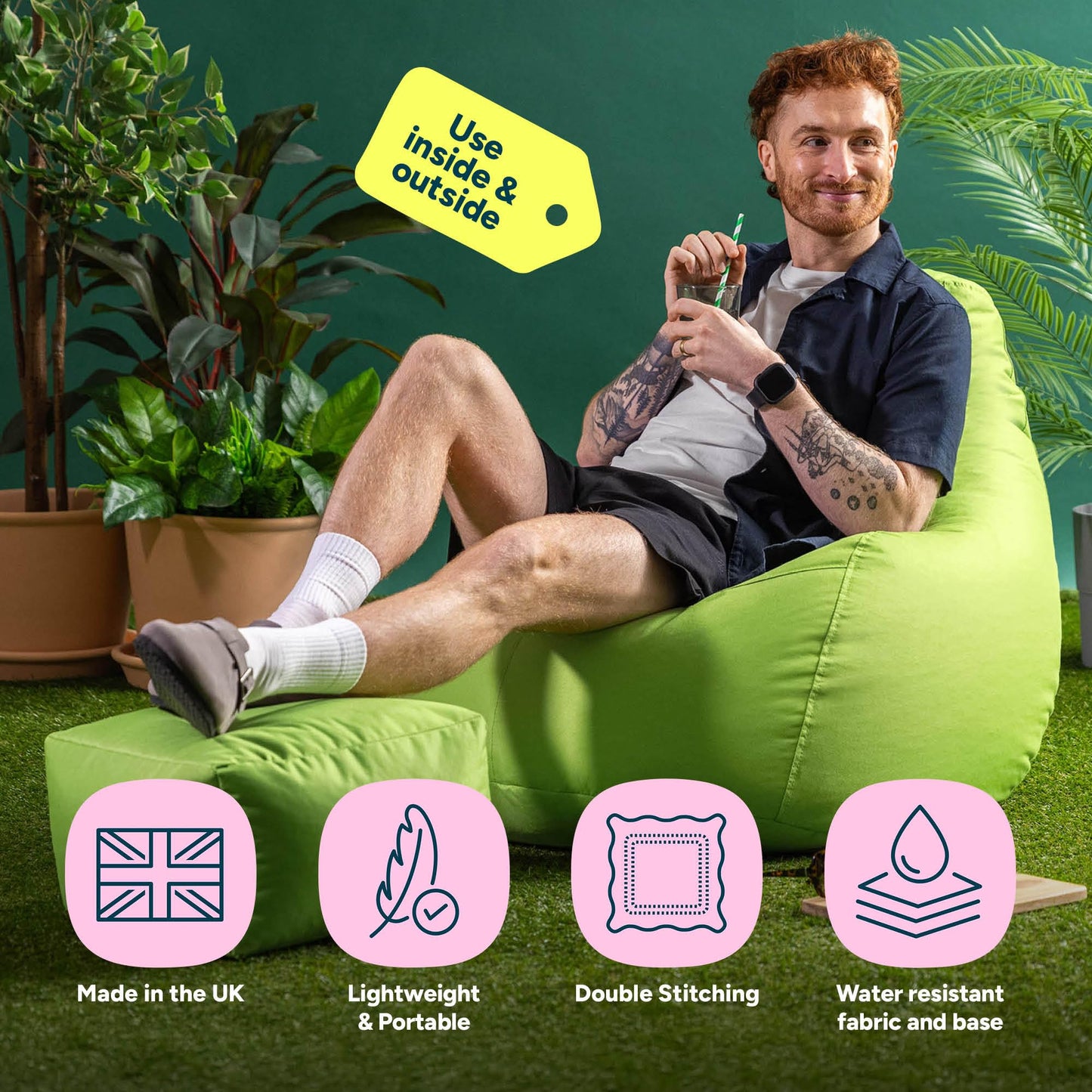 Bean Bag Bazaar Outdoor Bean Bag & Footstool with Filling Included, Green