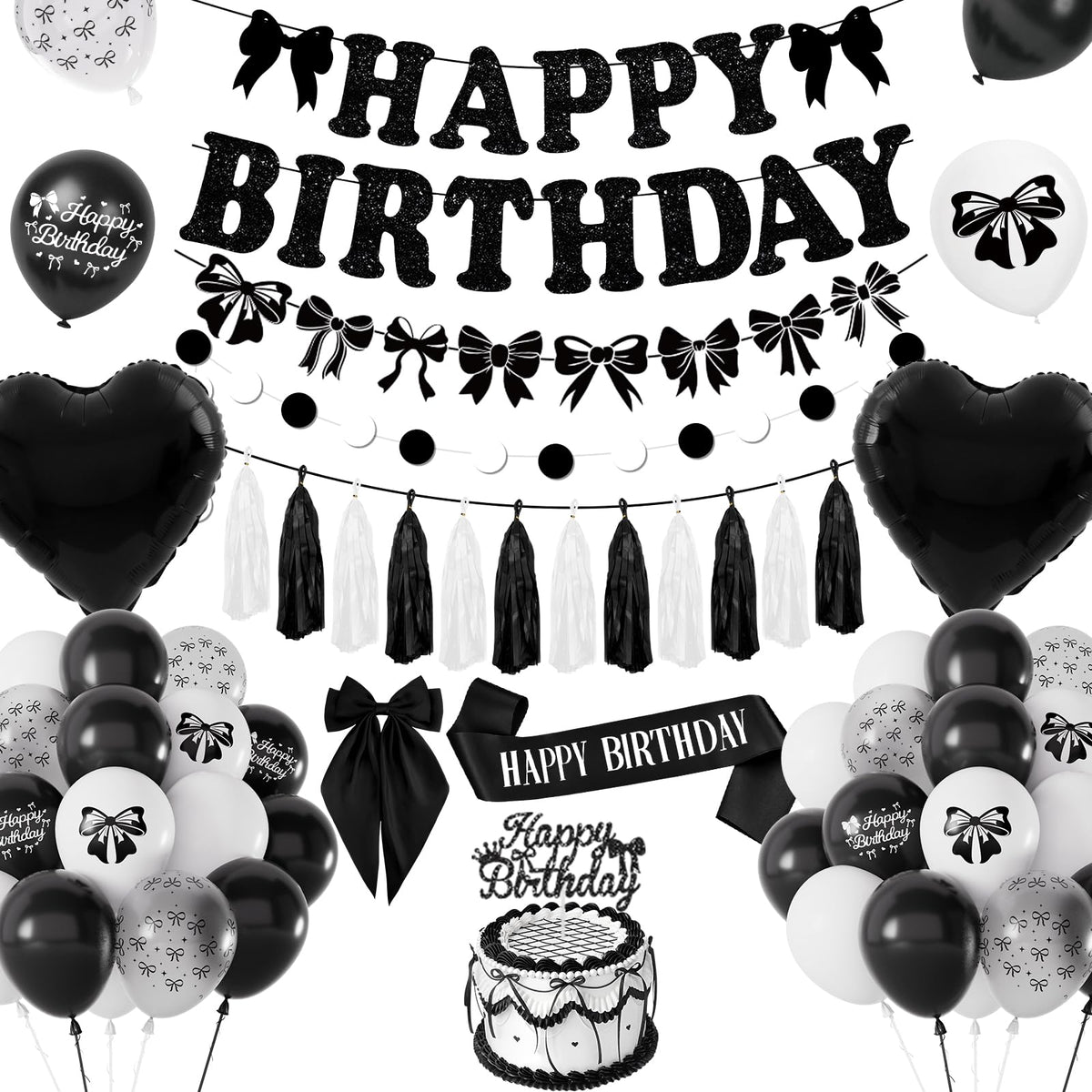 Bow Birthday Party Decoration, Black Bow Decorations with Happy Birthday Banner Glitter, Black White Balloons, Hair Clips, CakeTopper, Sash, Coquette