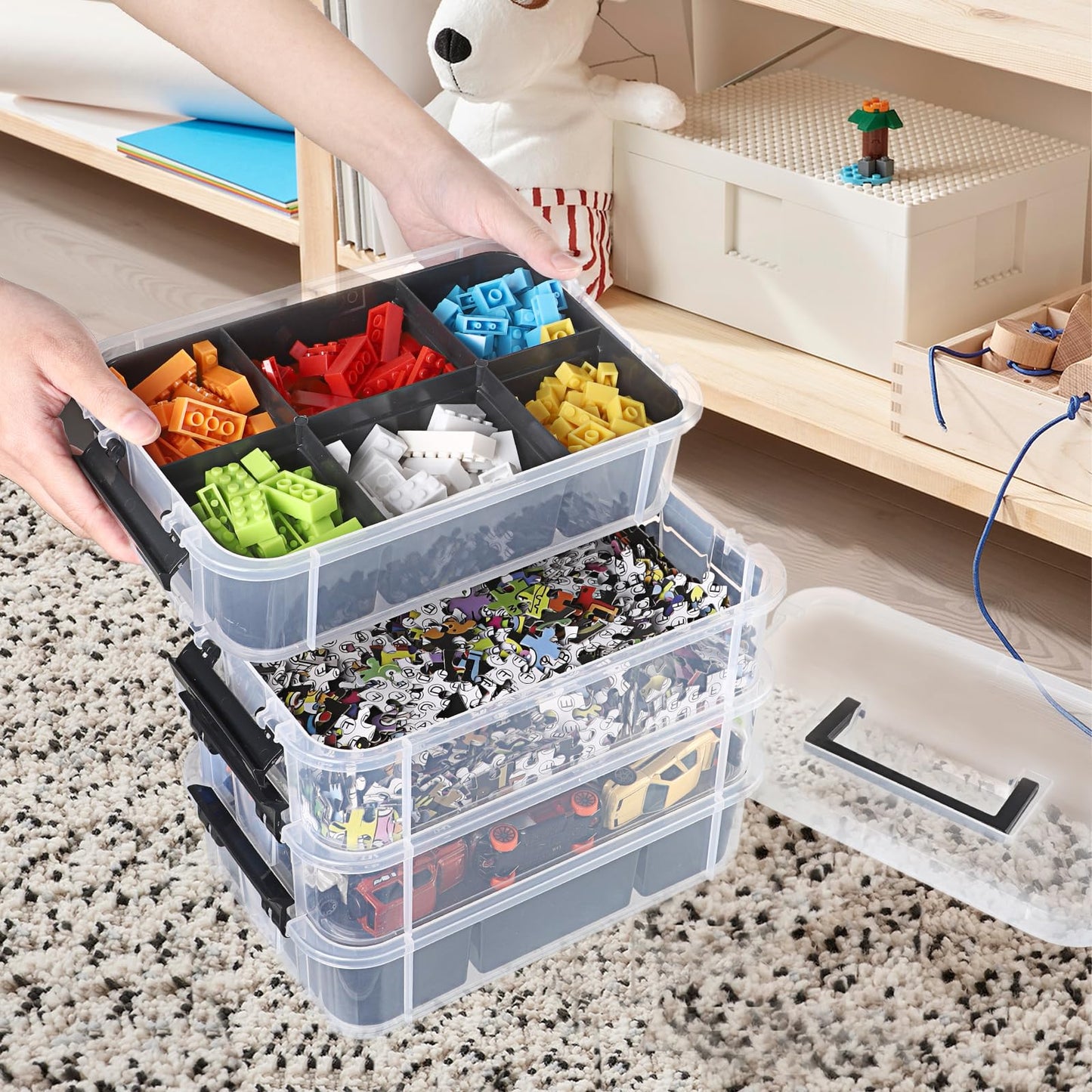 IGNPION Stackable Storage Box, 4 Layer Adjustable Plastic Storage Box with Carrying Handle Transparent Organizer Containers for Arts and Crafts Toys