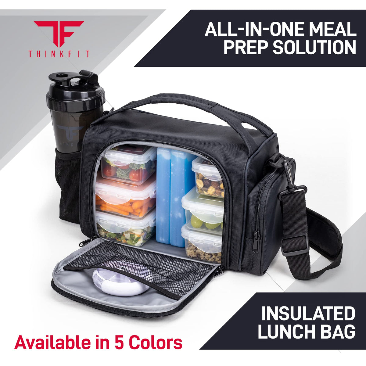 ThinkFit Insulated Meal Prep Lunch Box with 6 BPA-Free, Reusable, Microwavable, Freezer Safe Food Portion-Control Containers, Shaker Cup, Pill