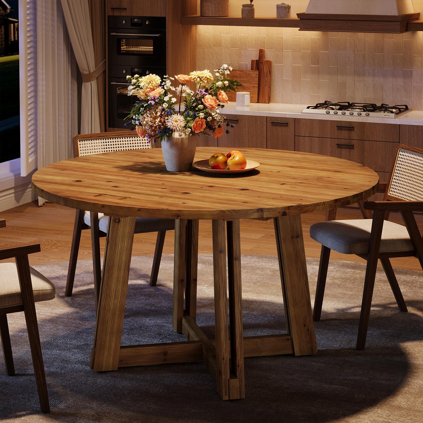 TRIBEWOOD Farmhouse 47.3'' Solid Wood Round Dining Table for 4-6, Cross Base Kitchen Table, Rustic Wooden Dining Room Table