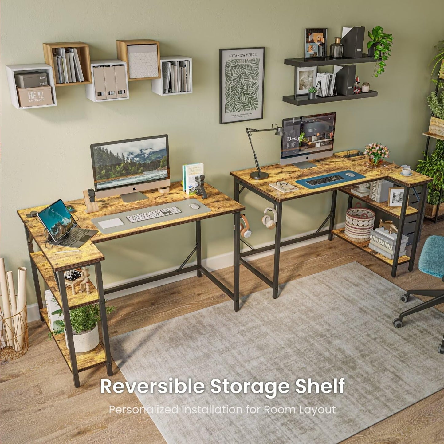 DOMSHOCT Small L Shaped Desk with Power Outlets&Hooks, 100x70cm Corner Computer Desk PC Gaming Desk, Large Storage Reversible Shelves, Home Office