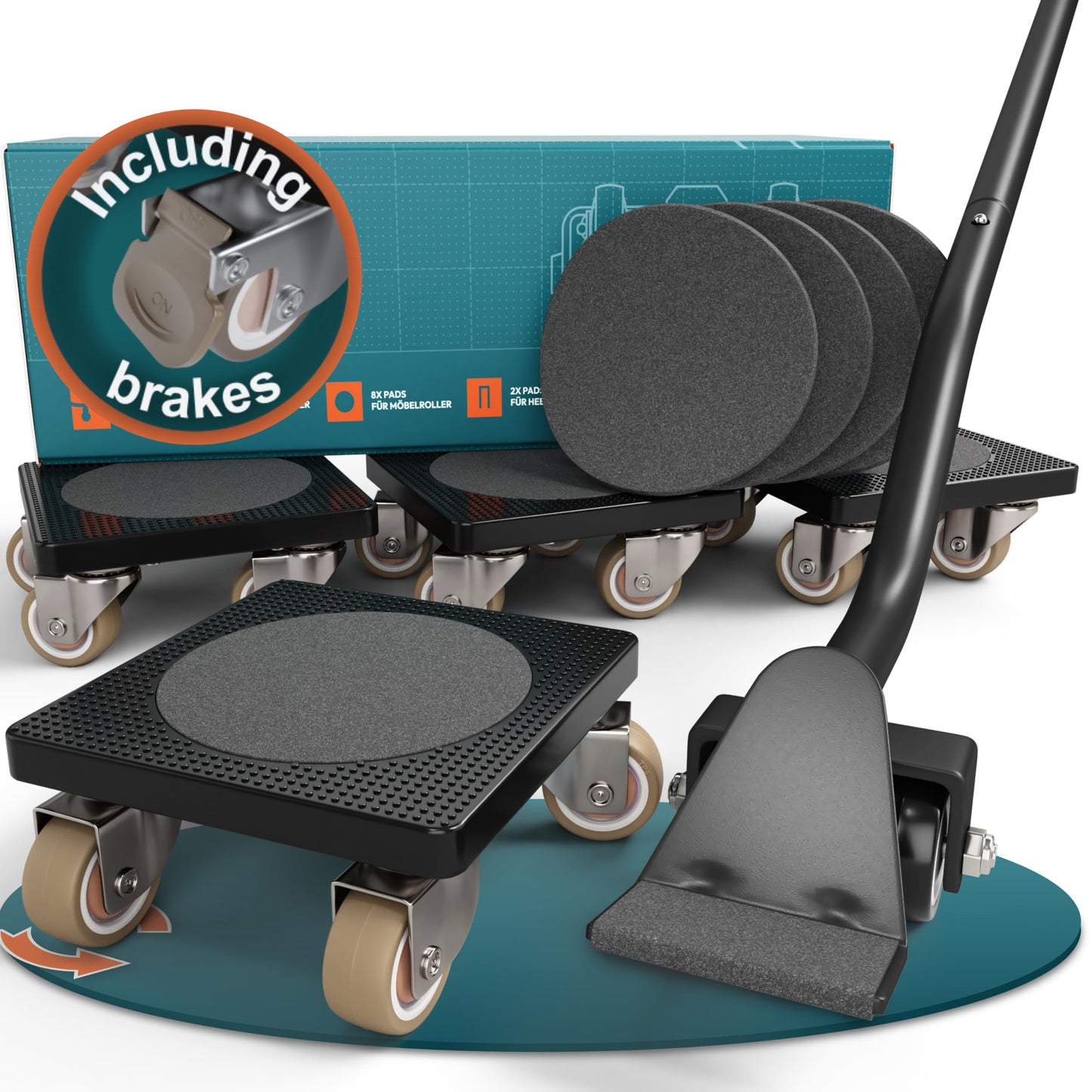 FAIRMO Furniture Lifter (with Brakes, 200 kg Capacity) ? Heavy Duty Furniture Moving Tool with 4 Furniture Moving Rollers & 1 Lifting Lever ?