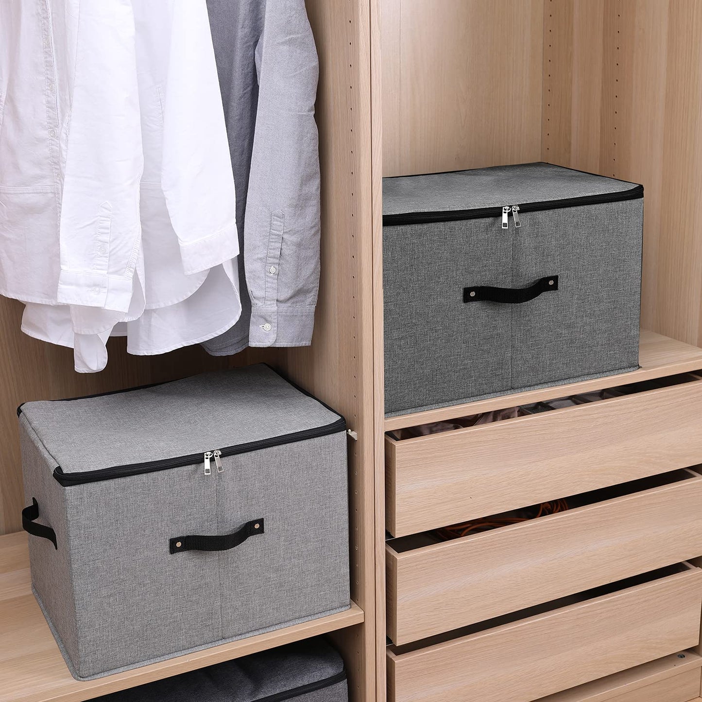 Foldable Fabric Storage Box with Zipper lid, handle, Blankets Clothes Quilts Storage Basket Organizer for Bedroom Closet Shelf, 44×33×31cm, Black Grey